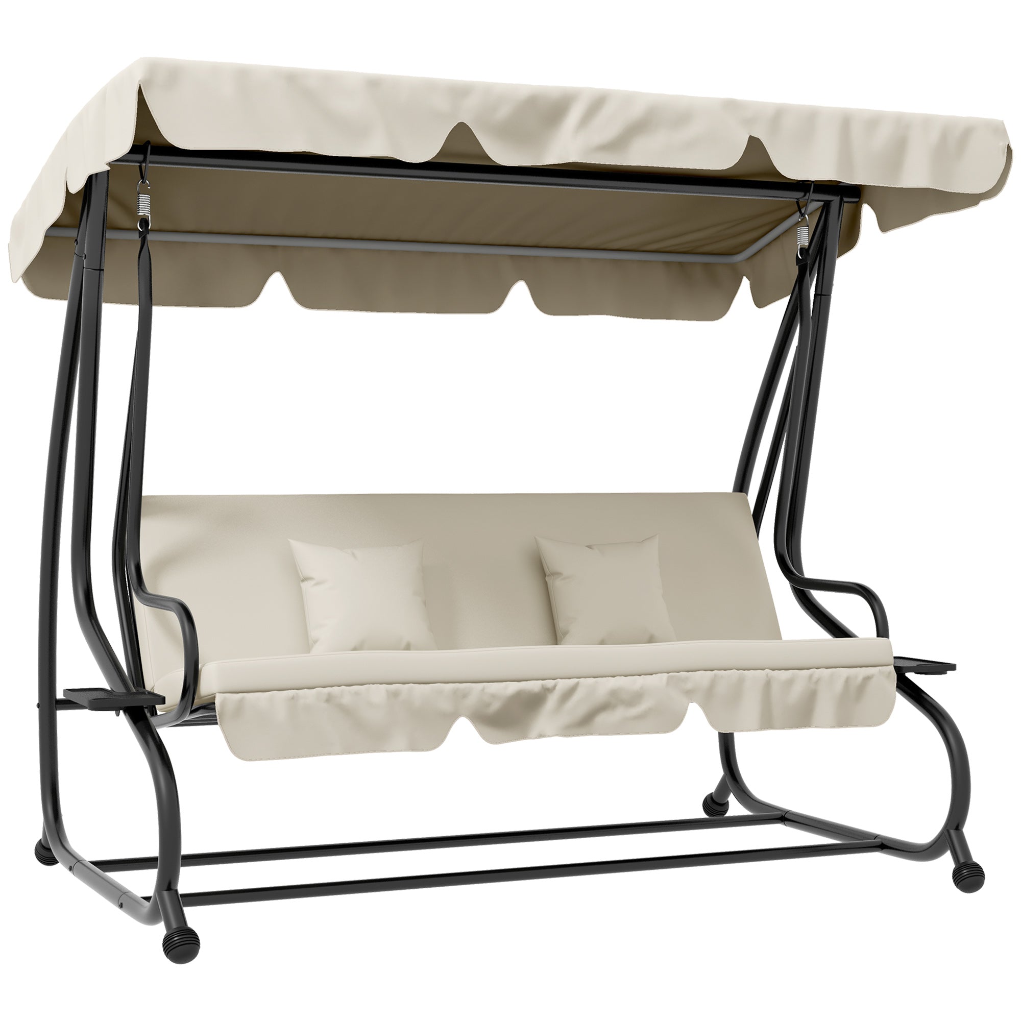 Convertible Three-Seater Swing Chair Bed with Canopy and Cushions - Cream