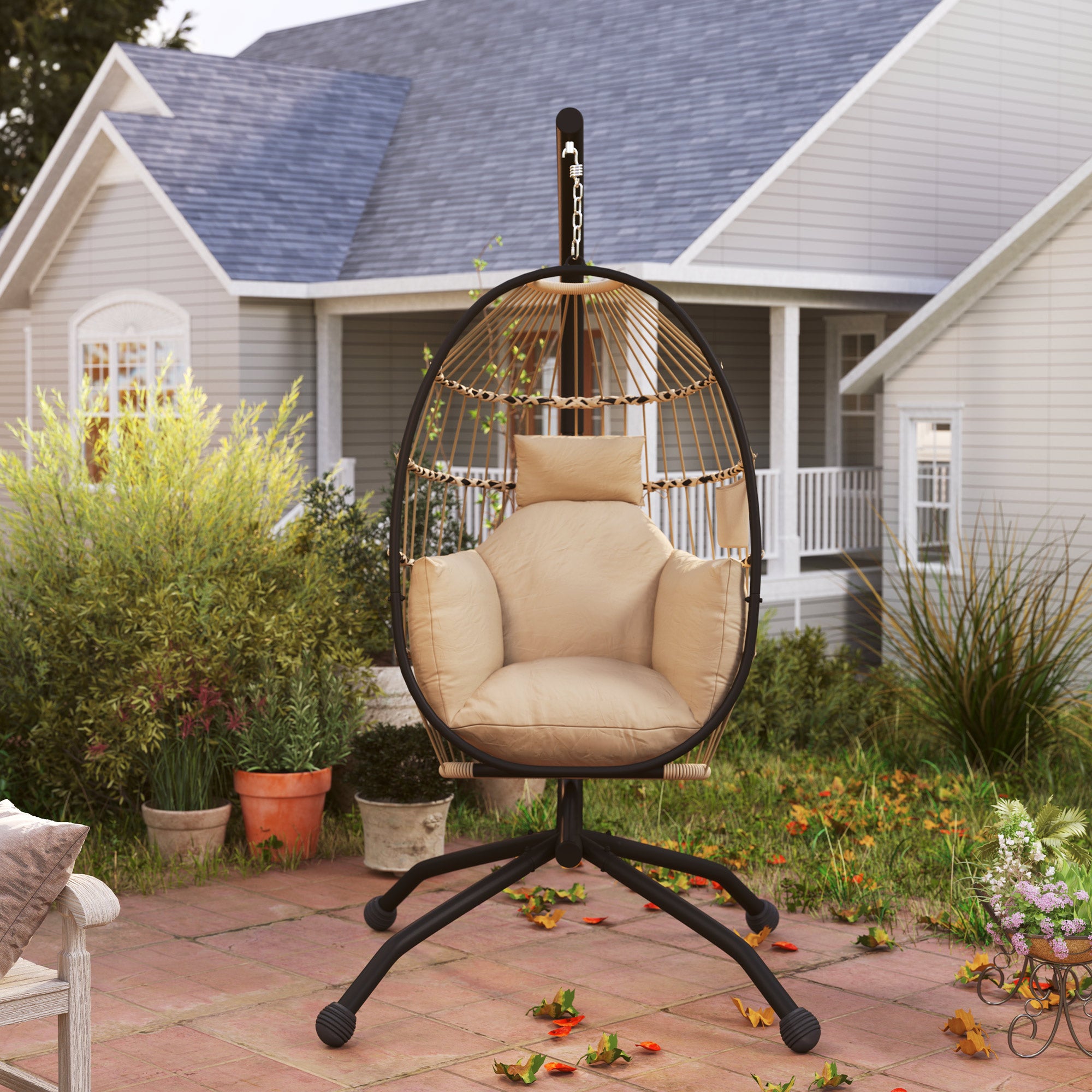 Hanging Egg Swing Chair with Folding Basket, Thick Cushion, Headrest & Cup Holder for Indoor Outdoor Patio Balcony - Khaki
