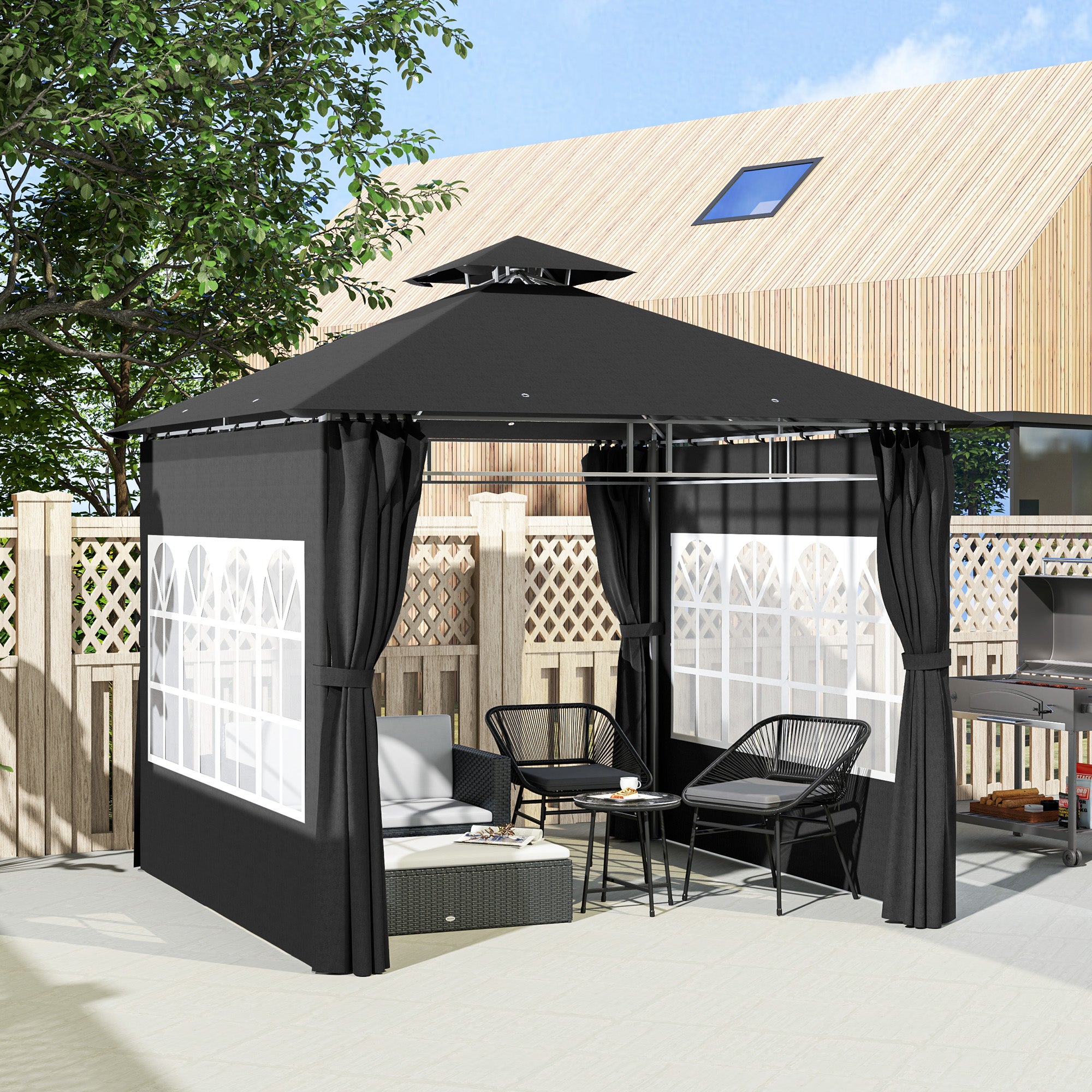3 x 3 Metre Garden Gazebo Set with Double Roof and Removable Sidewalls - Black