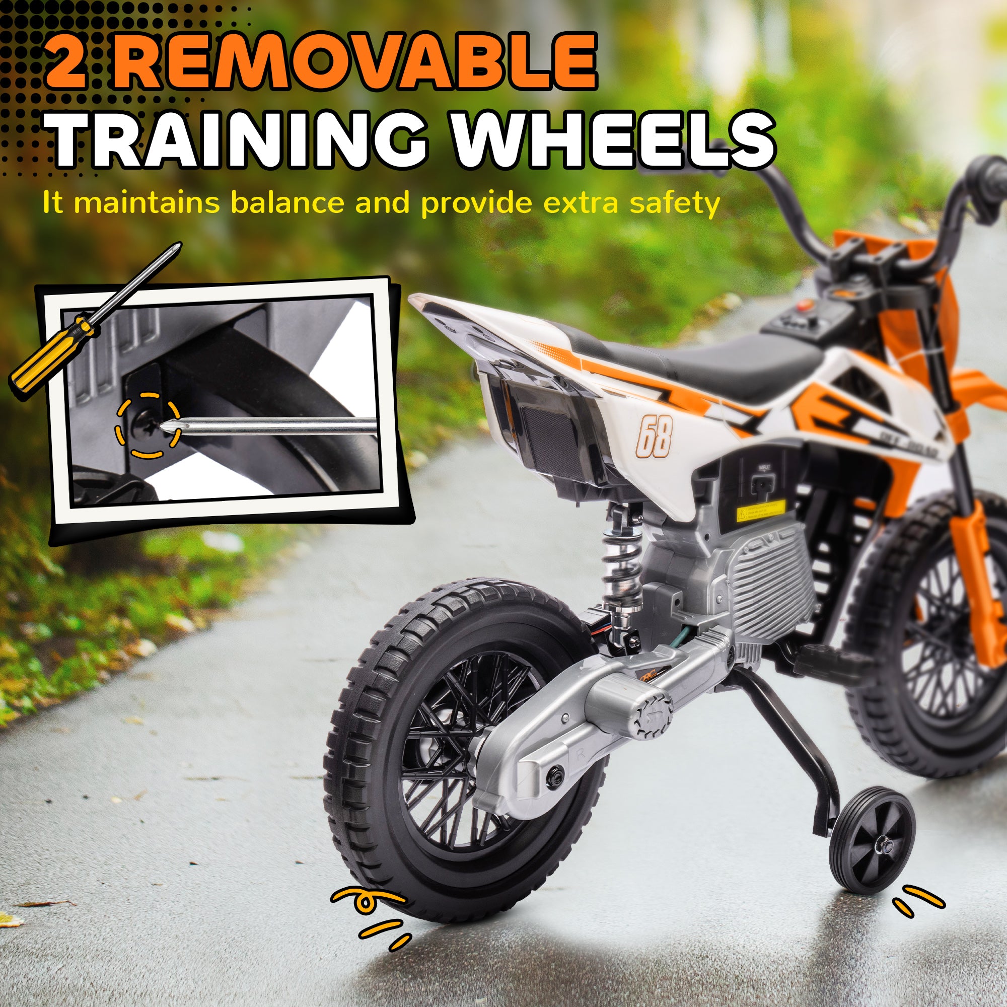 12V Kids Electric Ride-On Motorbike with Training Wheels and Twist Grip Throttle - Orange