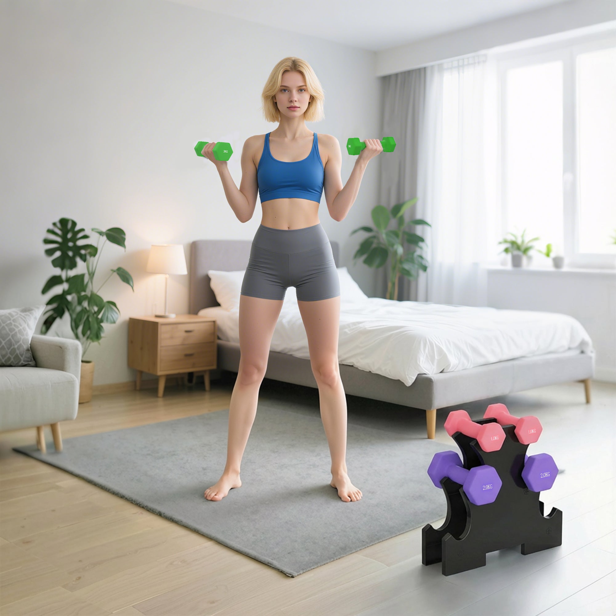 Hex Dumbbells Set with Dumbbell Rack, Hand Weights for Strength Training Weight Lifting, 2 x 1kg, 2 x 2kg, 2 x 3kg