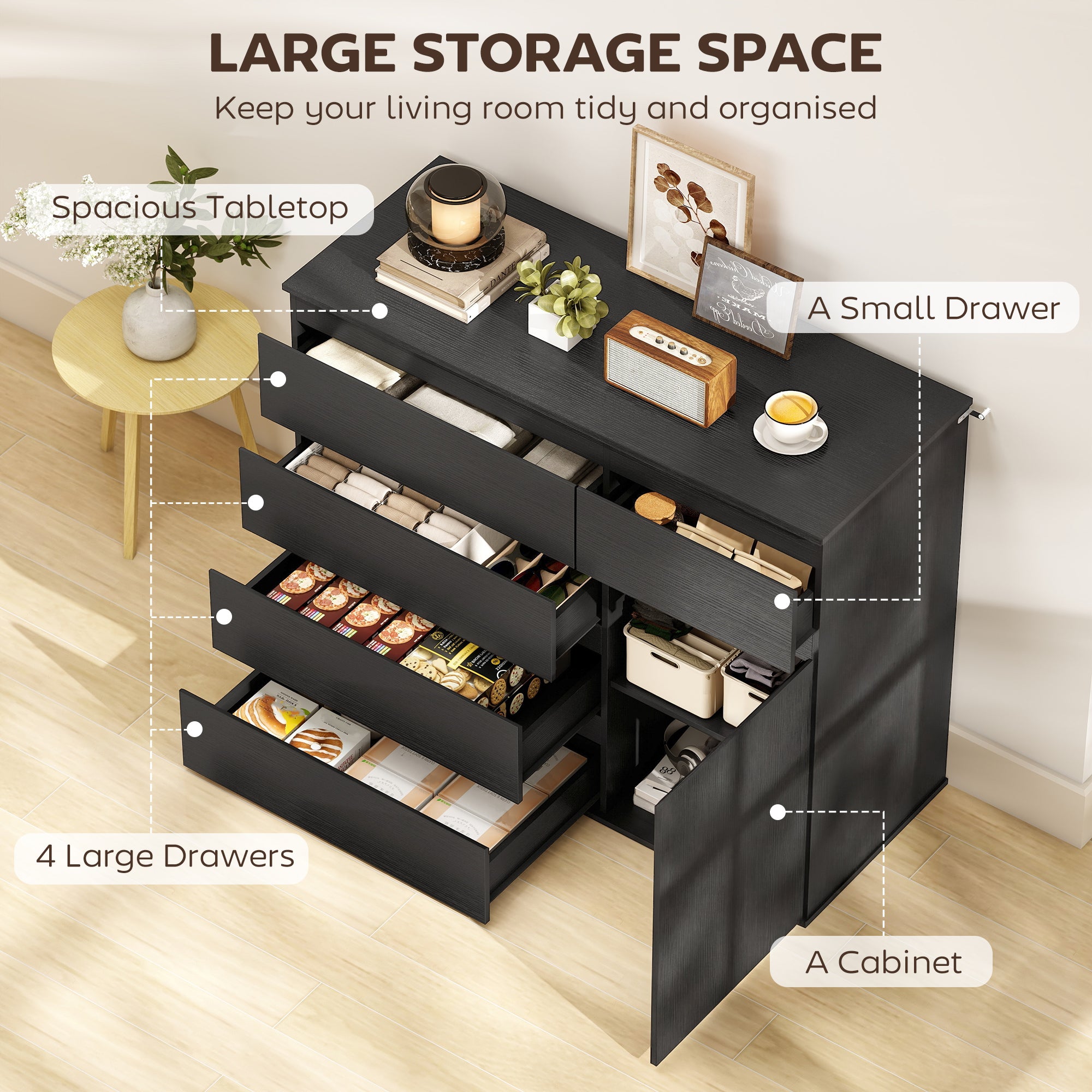 Modern Chest Of Drawers, 5 Drawer Dresser with Adjustable Shelf, Soft-Close Door, Black