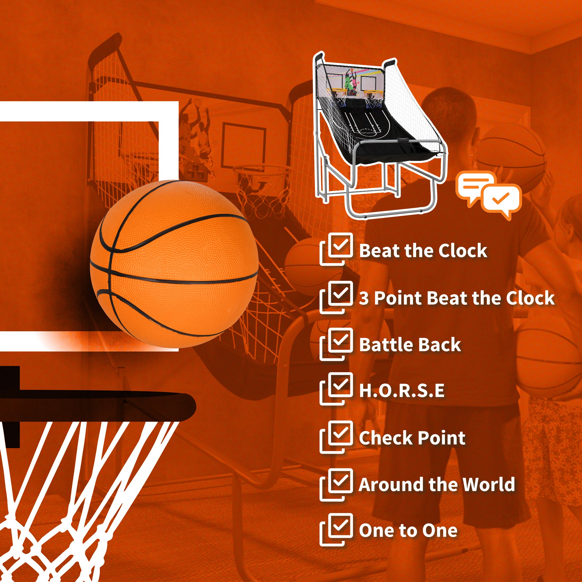 Foldable Double-Hoop Basketball Arcade Game, with Eight Modes, Four Basketballs, Electronic Scoreboard, Sound Effects