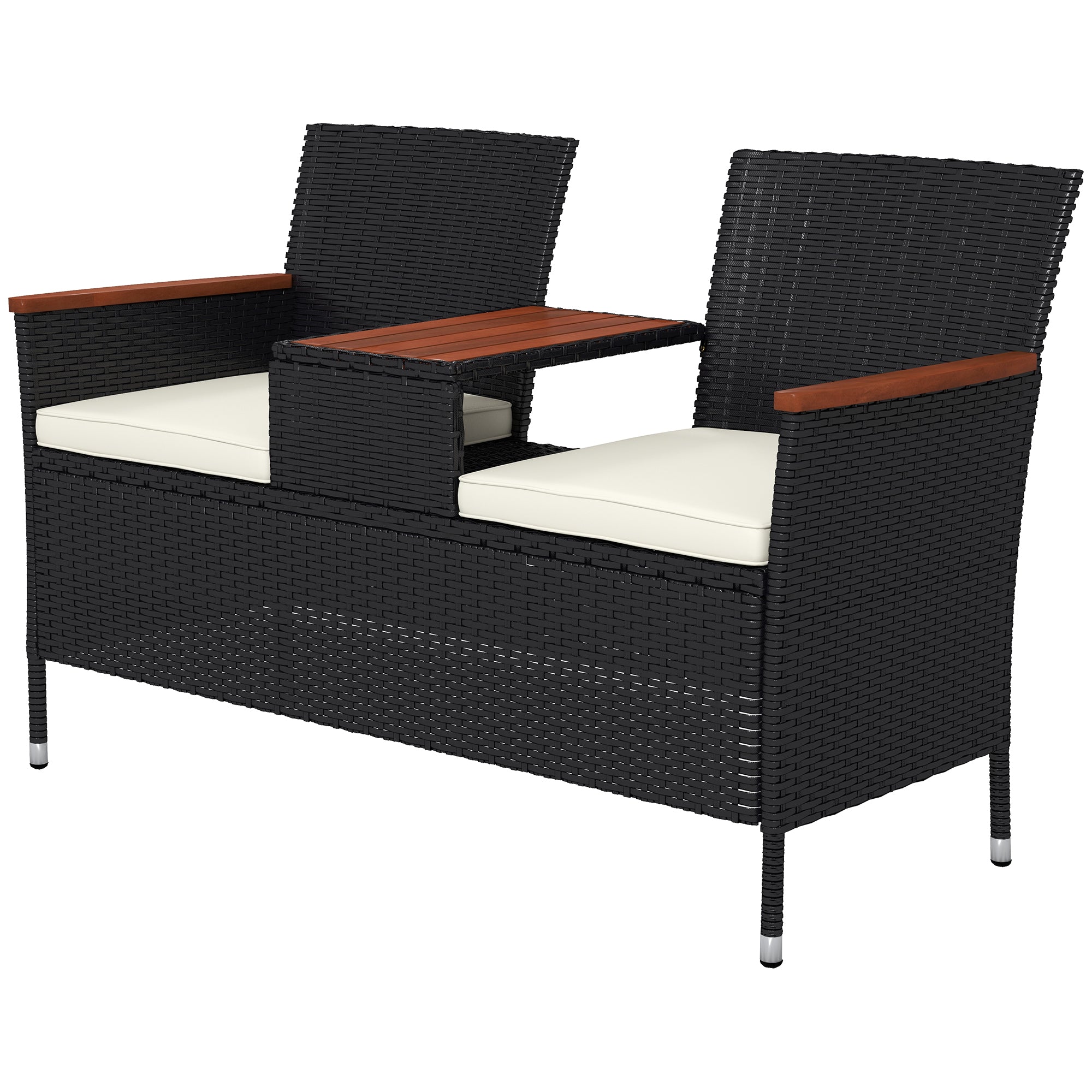 Two-Seat Rattan Loveseat, with Wood-Top Middle Table - Black