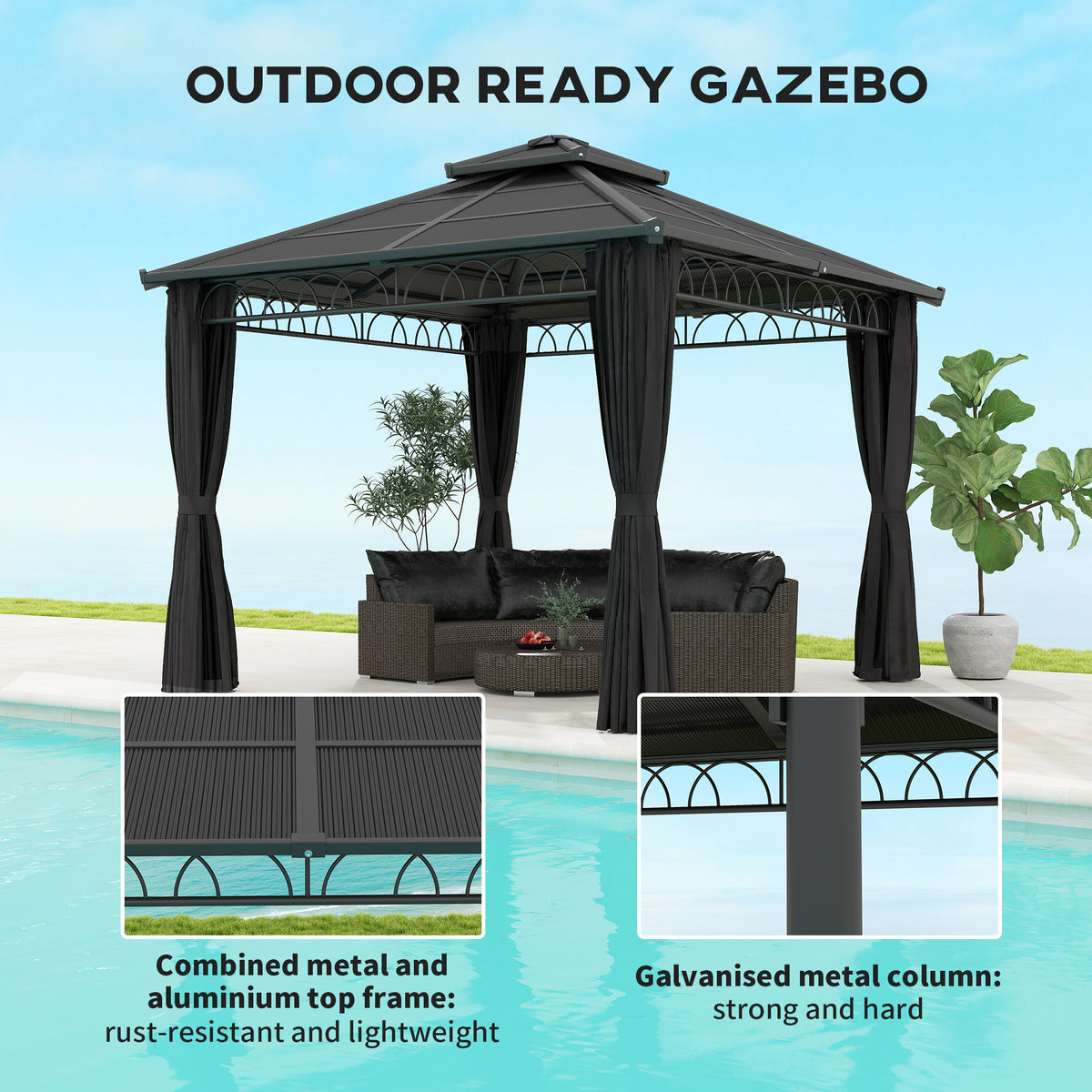 3 x 3 m Outdoor Polycarbonate Double Roof Gazebo with Steel Frame, Nettings & Curtains - Dark Grey