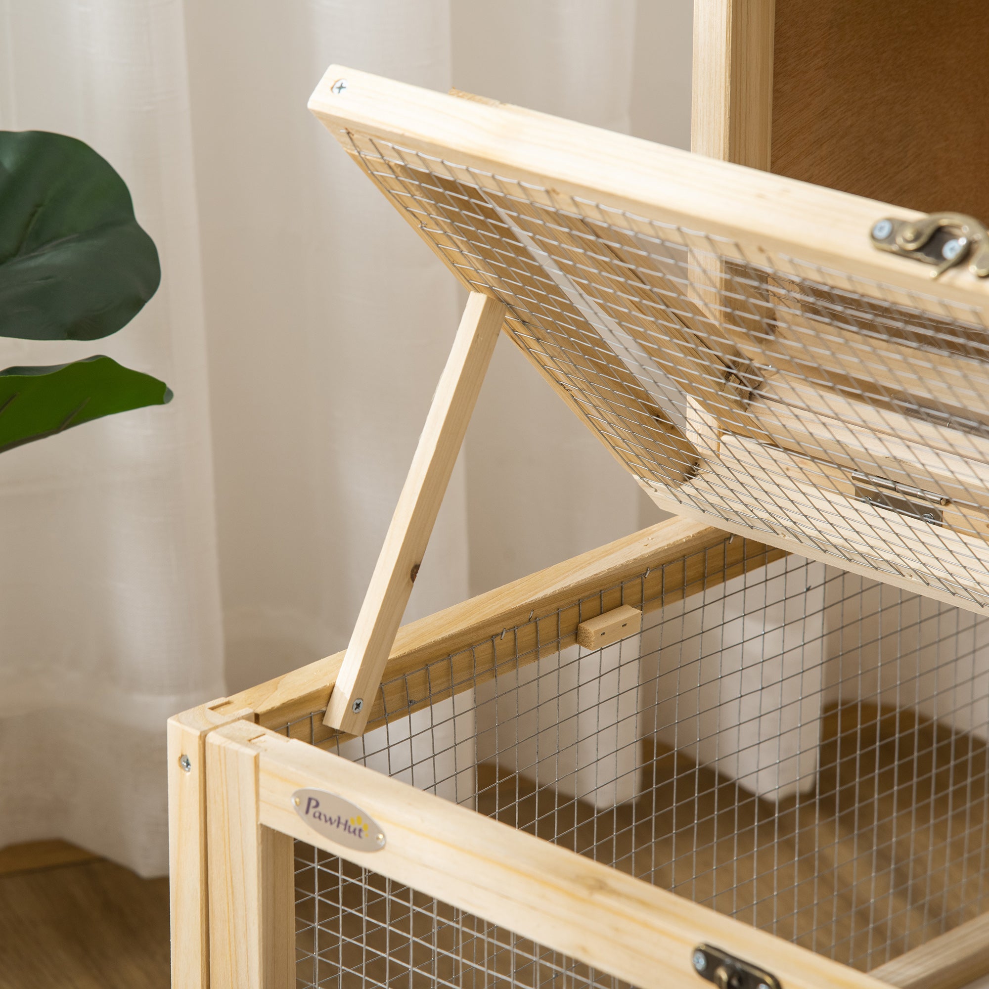 Wooden Hamster Cage with Pull-Out Tray, Two Tier Small Animal Hutch with Openable Top, Ladder, Seesaw, Running Wheel, - Natural