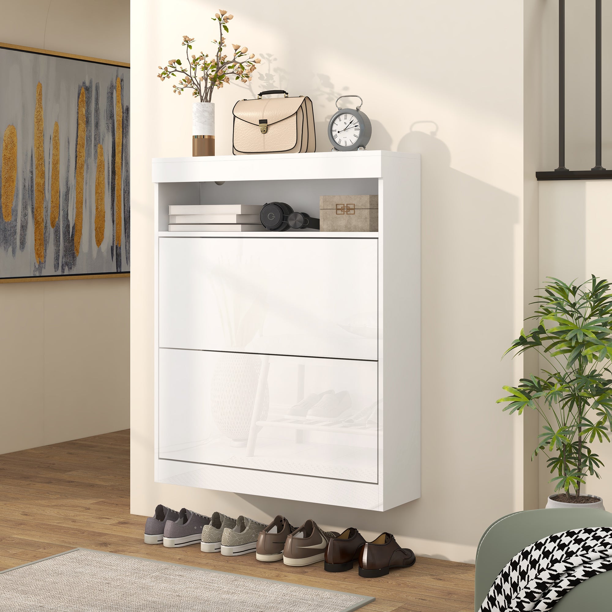 16 Shoe Pair Storage Cabinet, with Flip Doors - High Gloss White