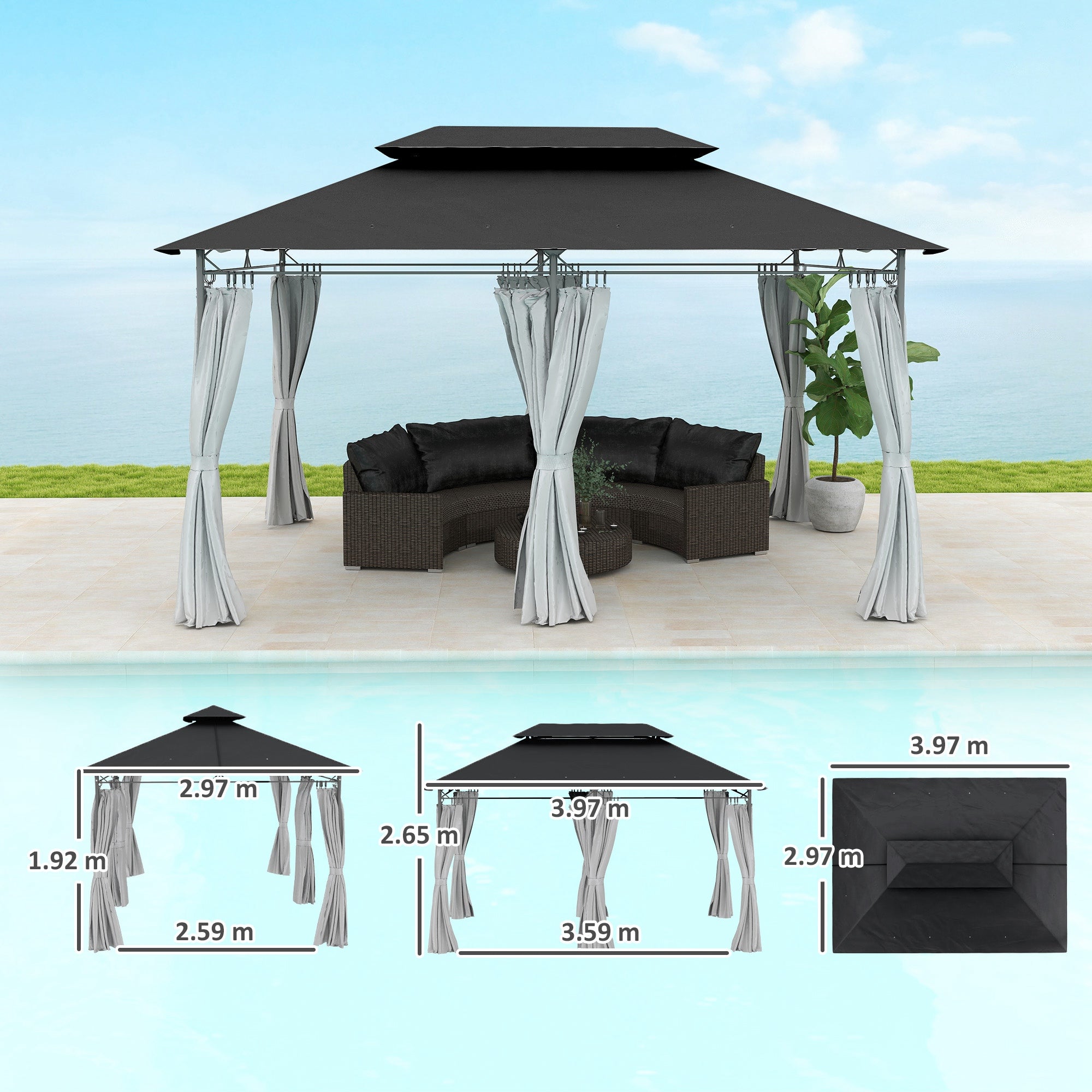 3 x 4m Metal Frame Two-Tier Roof Gazebo - Dark Grey