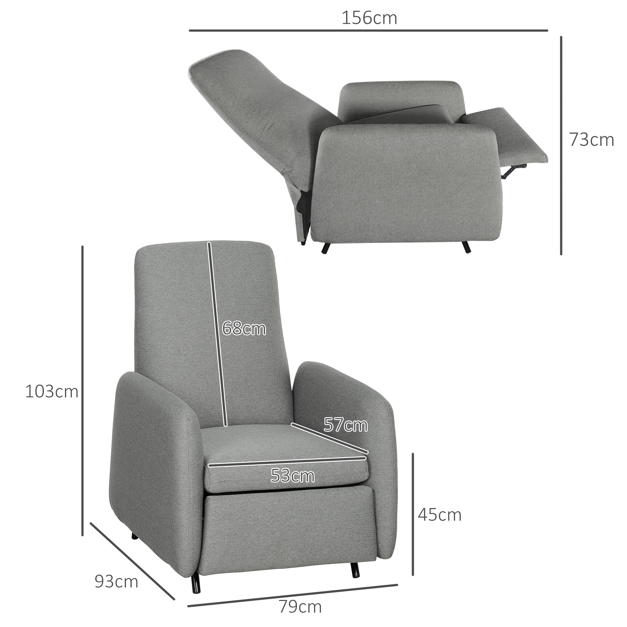 Push Back Recliner Armchair, Fabric High Back Reclining Chair with Adjustable Leg Rest and Pocket Spring Seat for Living Room, Bedroom, Home Office, Grey