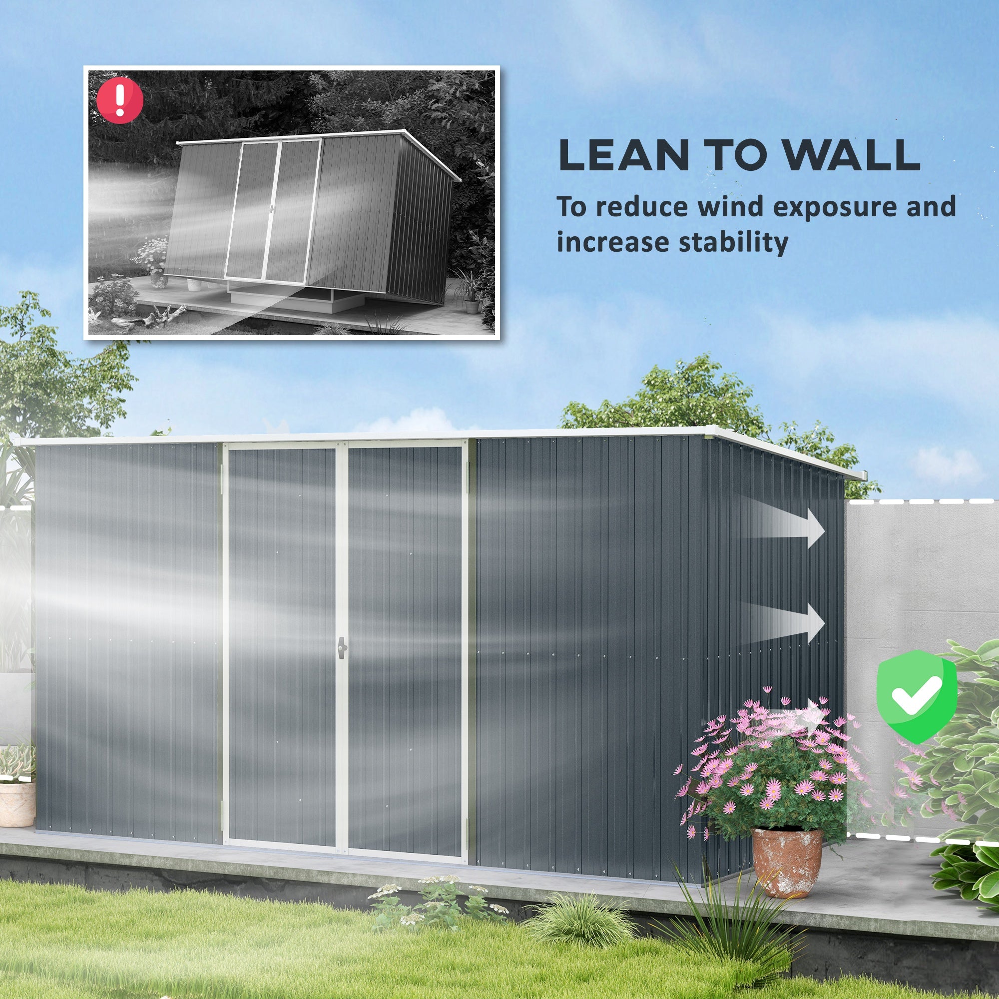 11 x 5.6ft Galvanised Steel Garden Shed, Metal Shed, Garden Storage Shed with Lockable Doors and Gloves for Outdoor Patio, Garden, Grey