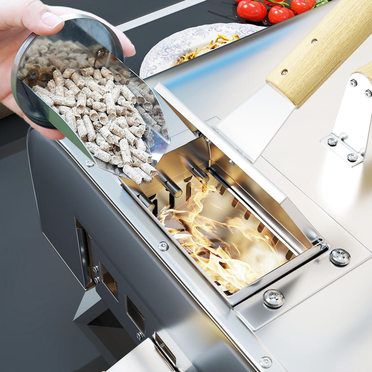 12 Inch Portable Wood Fired Pizza Oven with Foldable Legs and Stainless Steel Body - Silver Tone