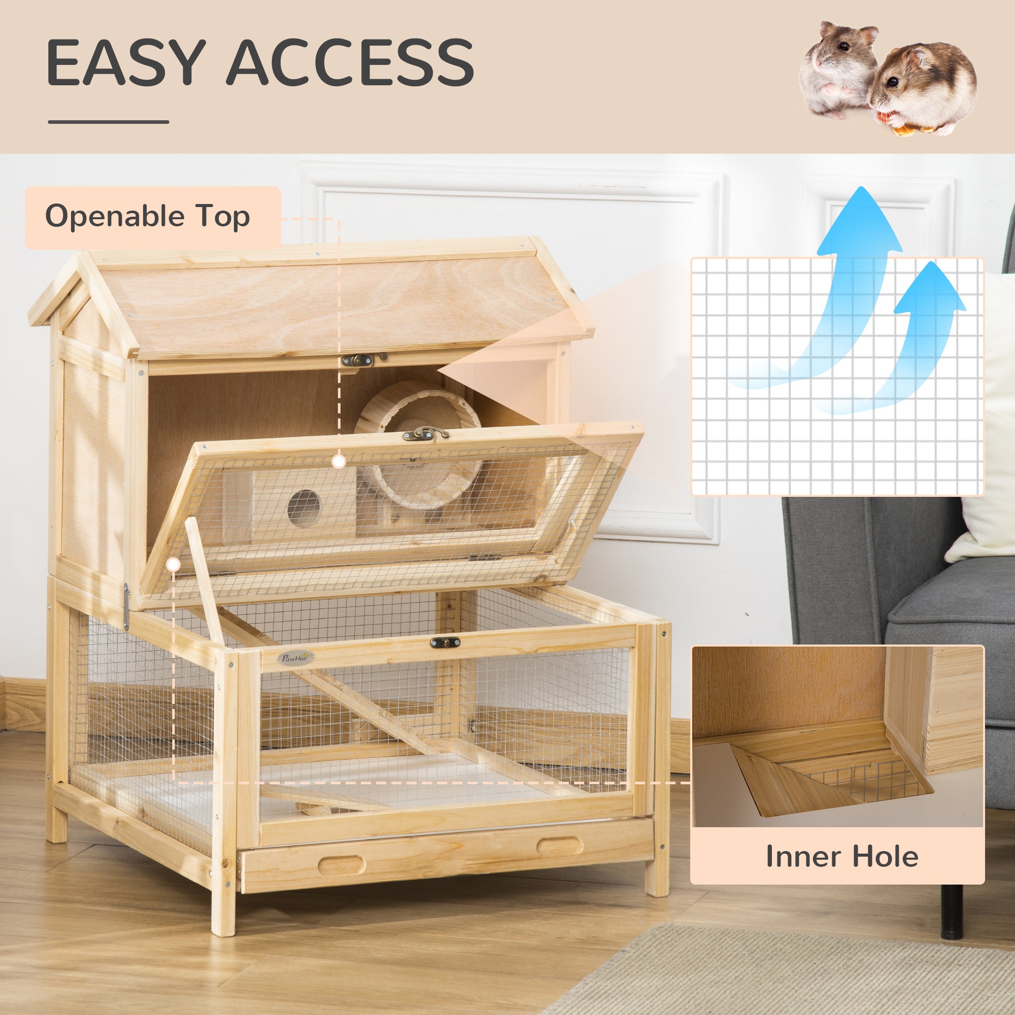 Wooden Hamster Cage with Pull-Out Tray, Two Tier Small Animal Hutch with Openable Top, Ladder, Seesaw, Running Wheel, - Natural