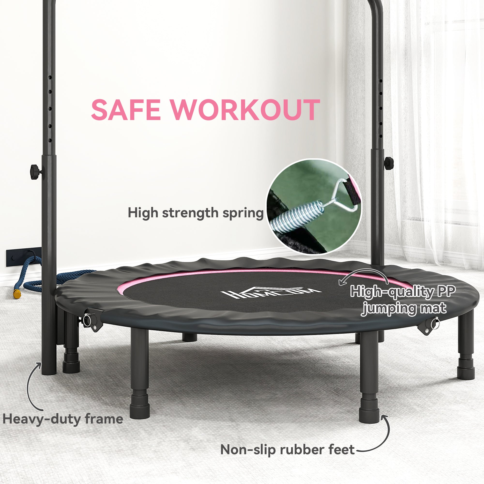 45" Foldable Mini Fitness Trampoline, with Adjustable Foam Handle, Pink