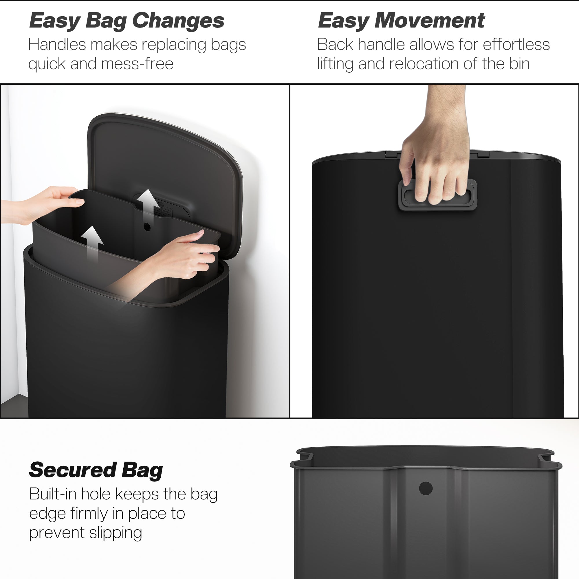 50L Kitchen Bin with Soft-Close Lid and Stay-Open Function, Stainless Steel Pedal Bin with Removable Inner Bucket, Carry Handle for Kitchen, Office, Home, Black
