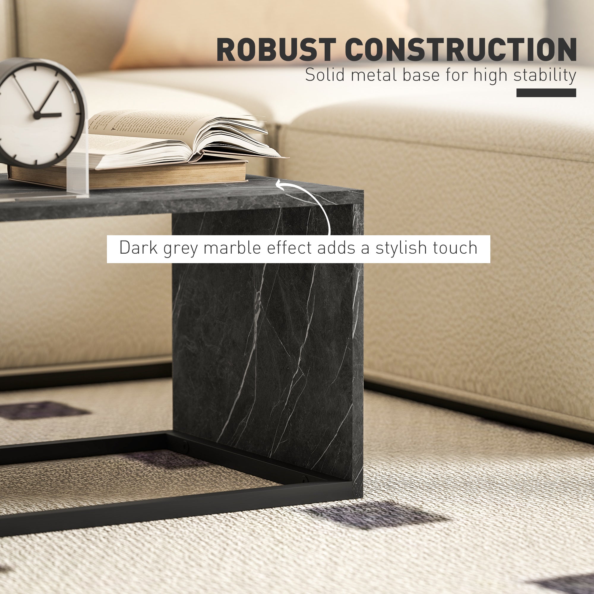 Nesting Coffee Table Set of 2, Industrial Stacking Side End Tables with Metal Frame for Living Room, Bedroom, Dark Grey Marble Effect