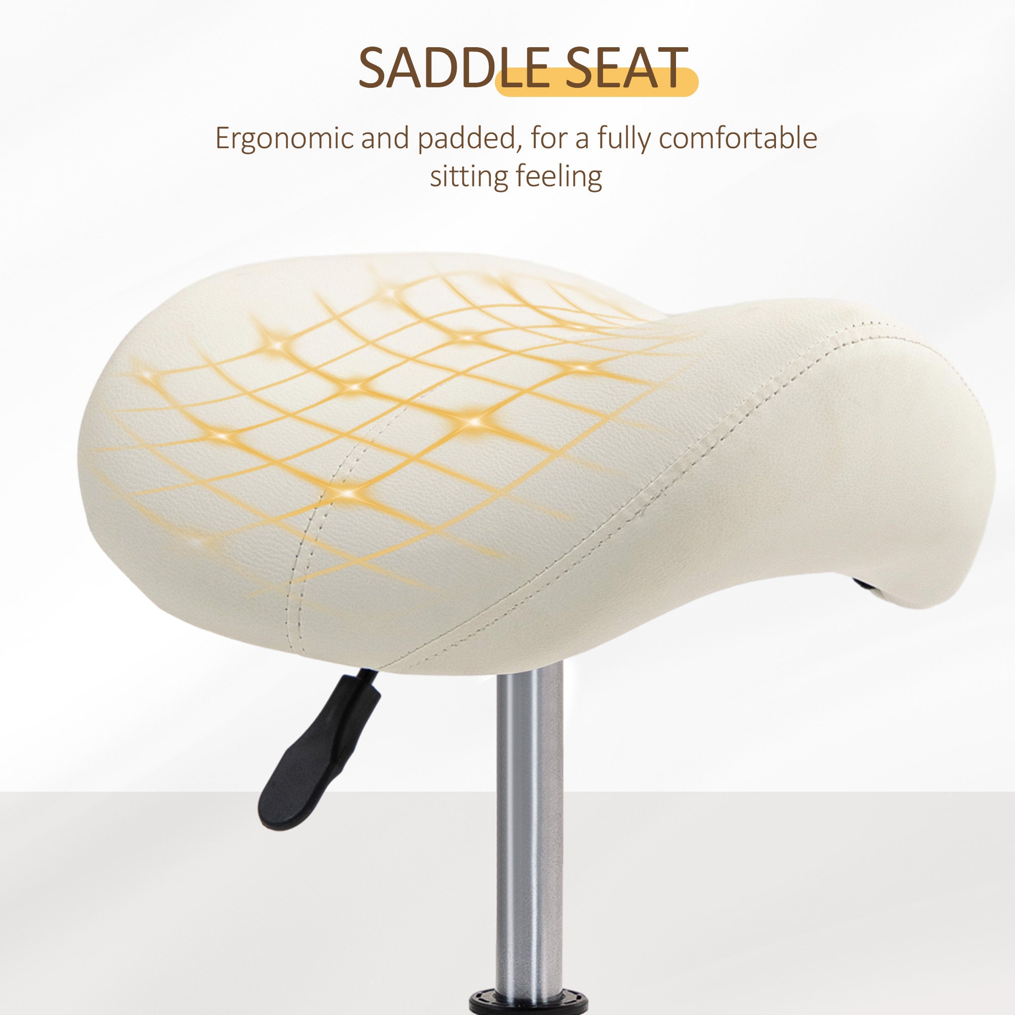 Saddle Stool, PU Leather Adjustable Rolling Salon Chair with Steel Frame for Massage, Spa, Beauty and Tattoo, White