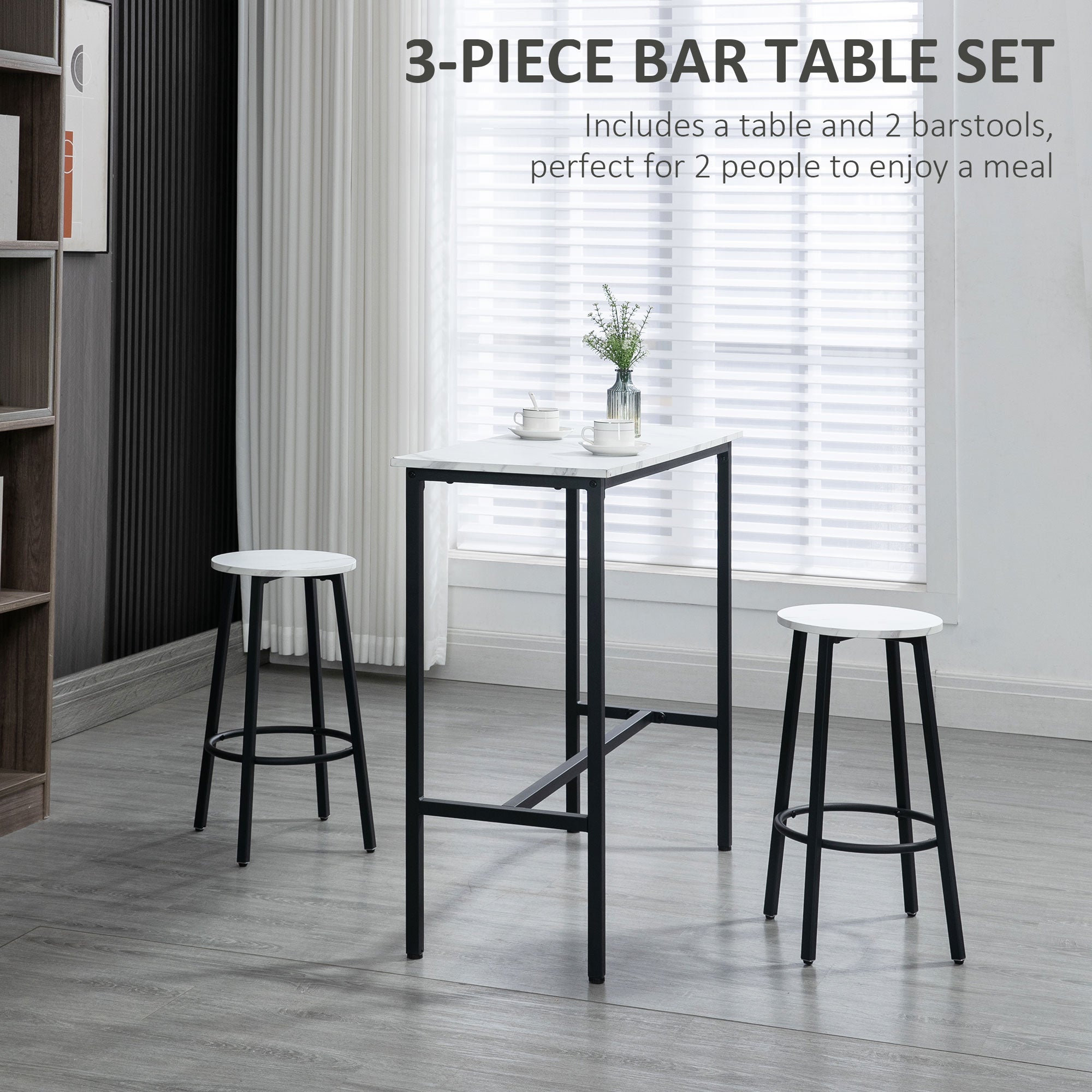 Three-Piece Marble-Effect Bar Table Set - White/Black