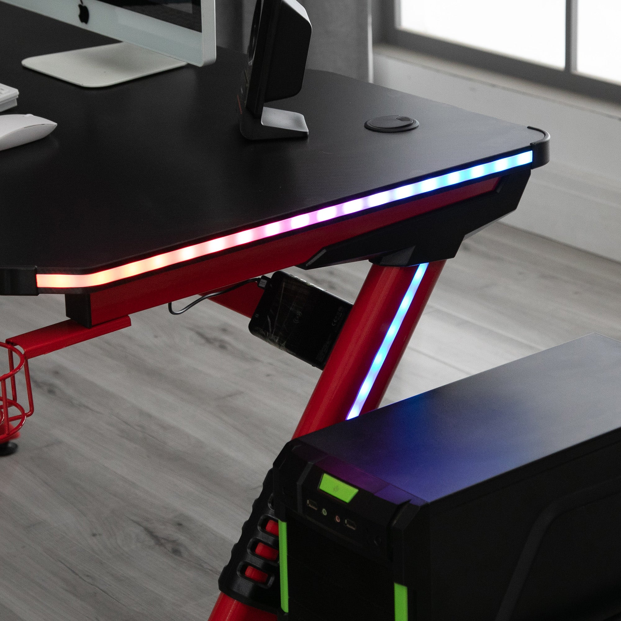 Gaming Desk with RGB LED Lights, Racing Style Computer Table with Carbon Fibre Surface, Cup Holder, Cable Management, Red