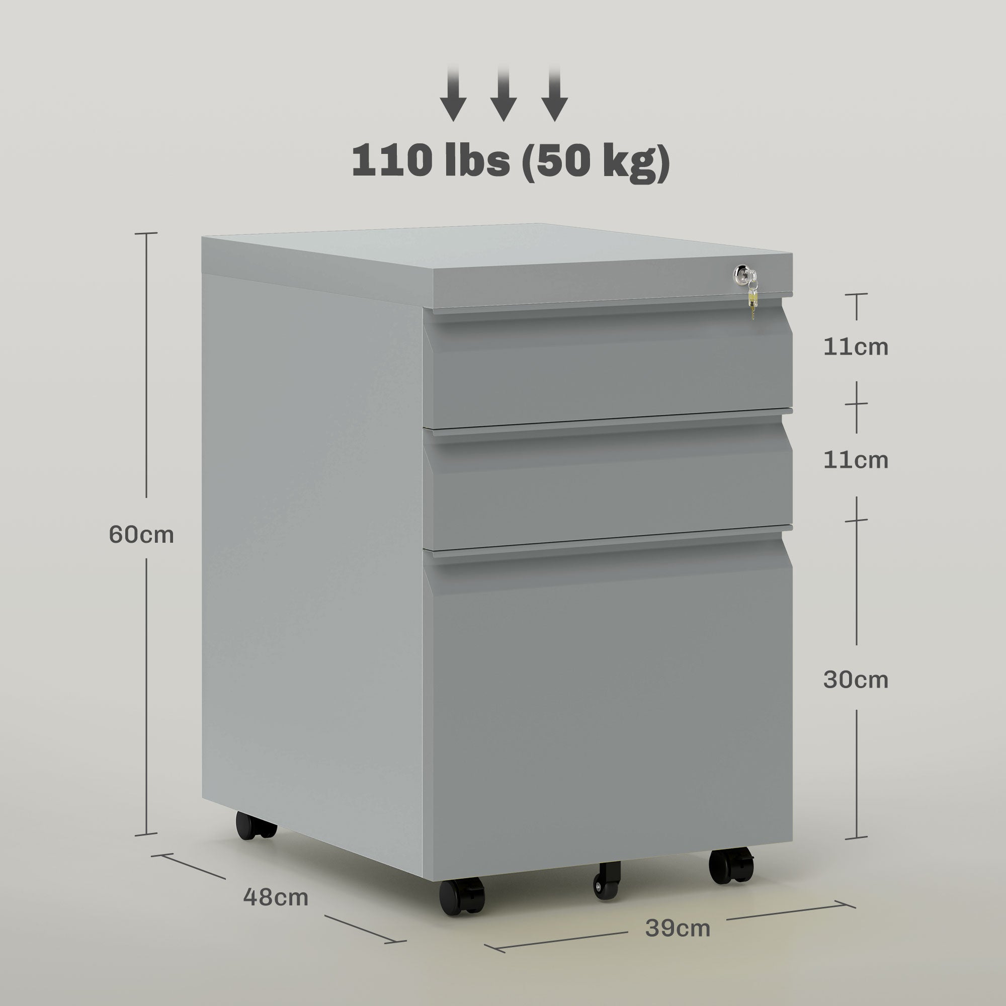 3 Drawer Filling Cabinet, Mobile Metal File Cabinet with Anti-tilt Design for Letter, A4, Legal Size, Grey