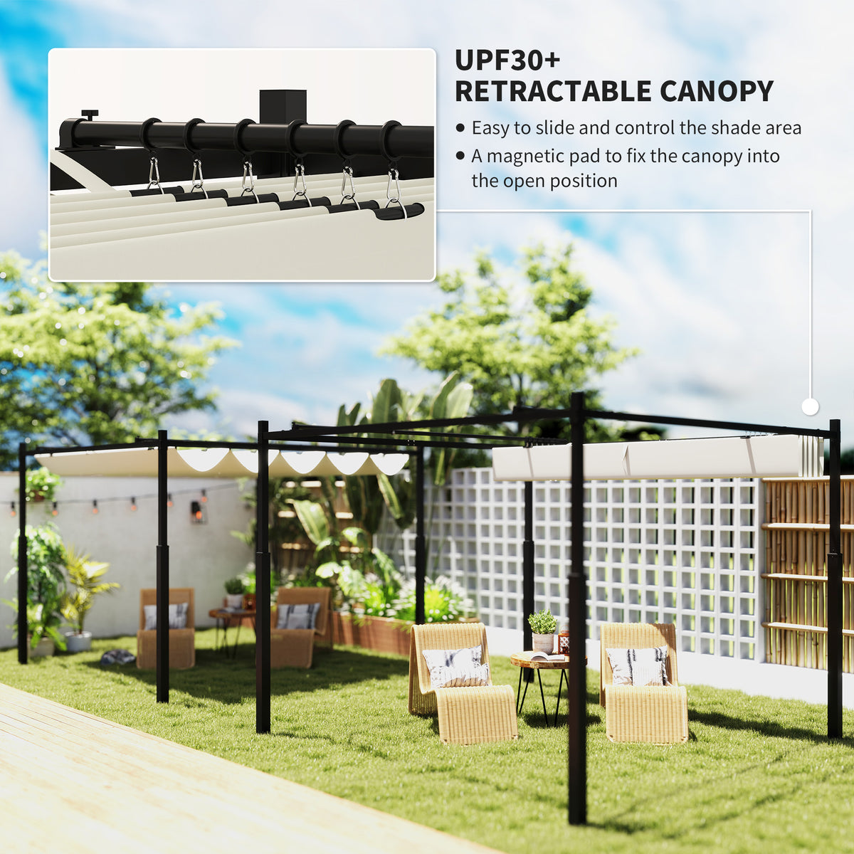 3 x 3 Metre Metal Pergola with Retractable UPF30+ Canopy - Cream White