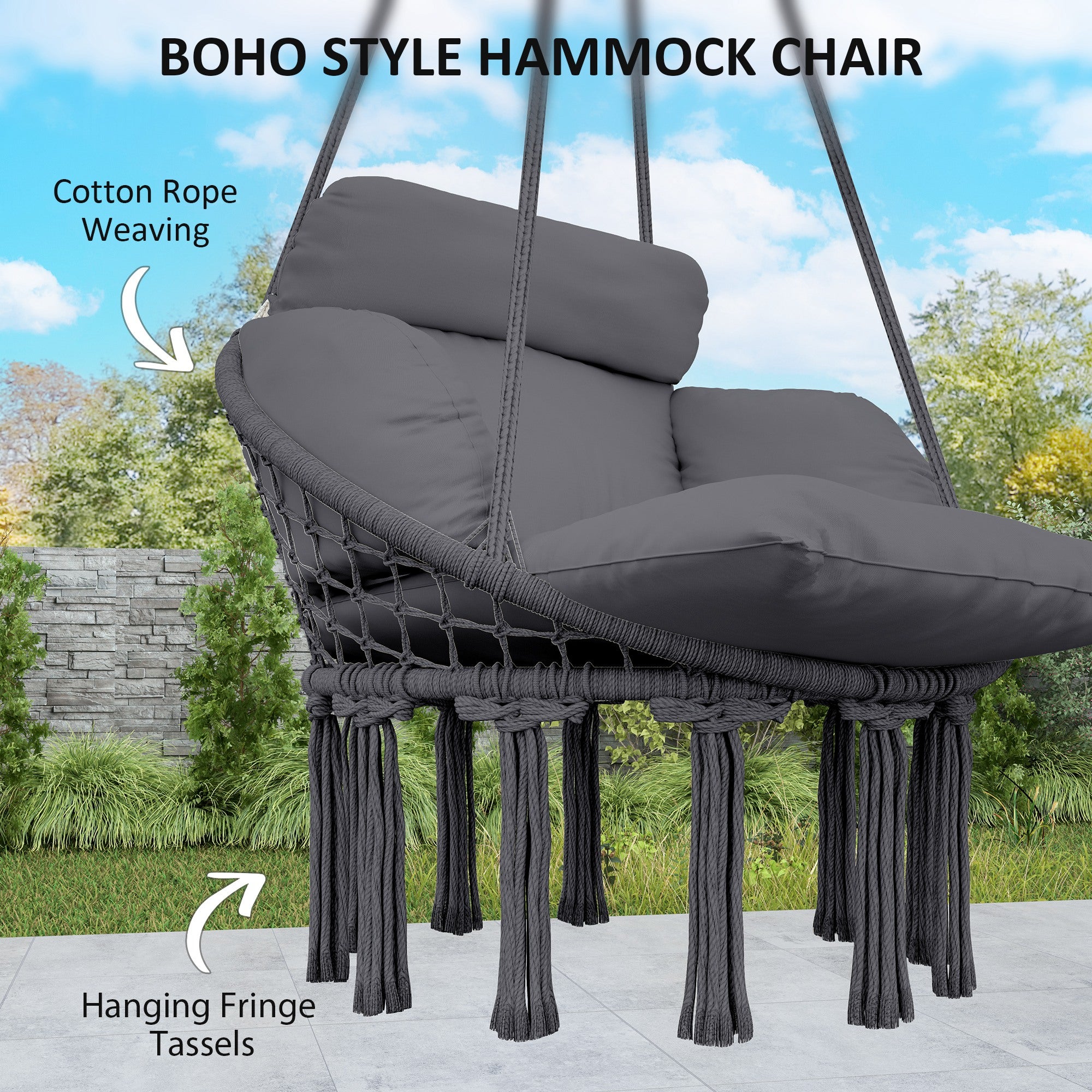 Hanging Hammock Chair with Soft Cushion Set and Steel Frame - Dark Grey