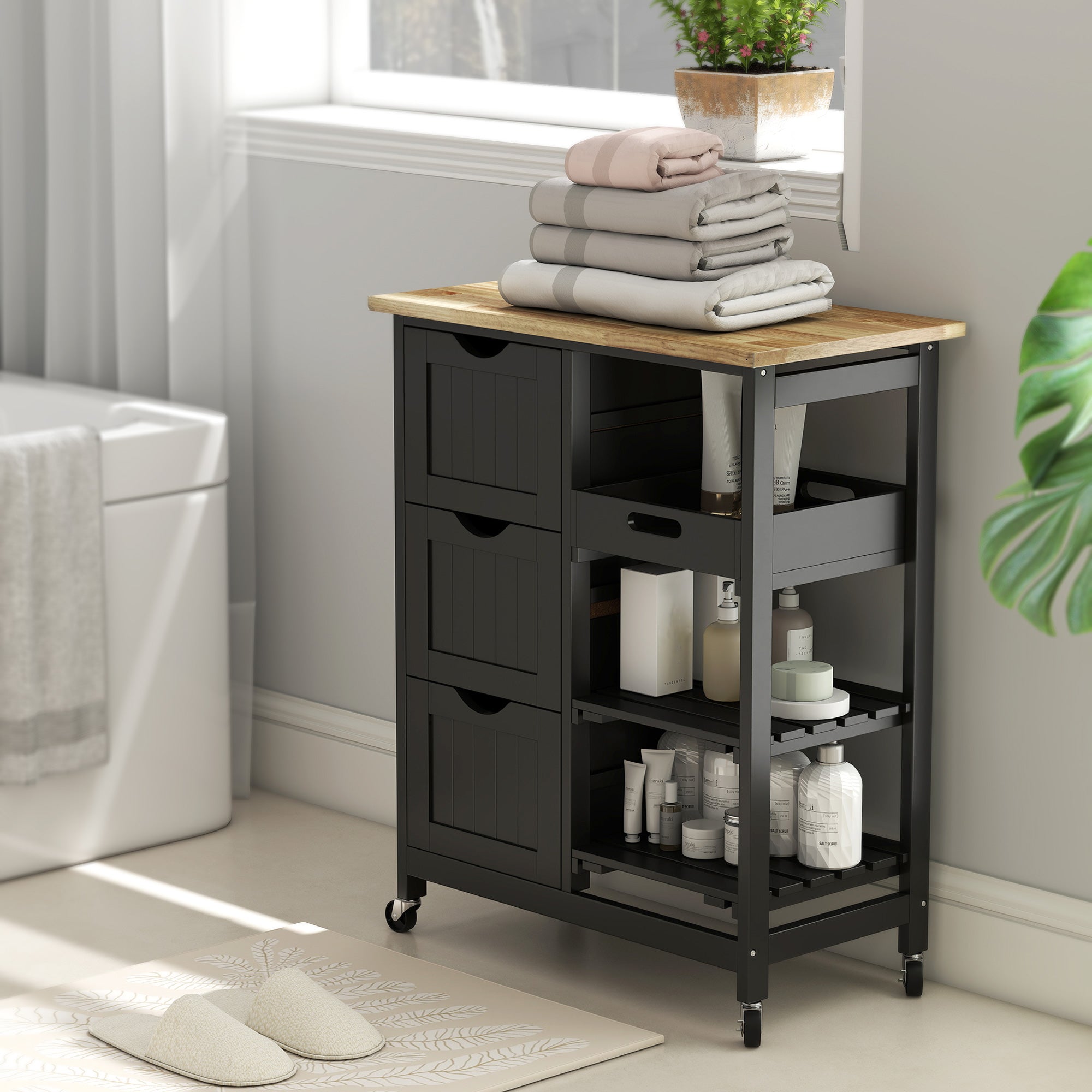 Rolling Kitchen Island Cart, Bar Serving Cart, Compact Trolley on Wheels with Wood Top, Shelves & Drawers for Home Dining Area, Black