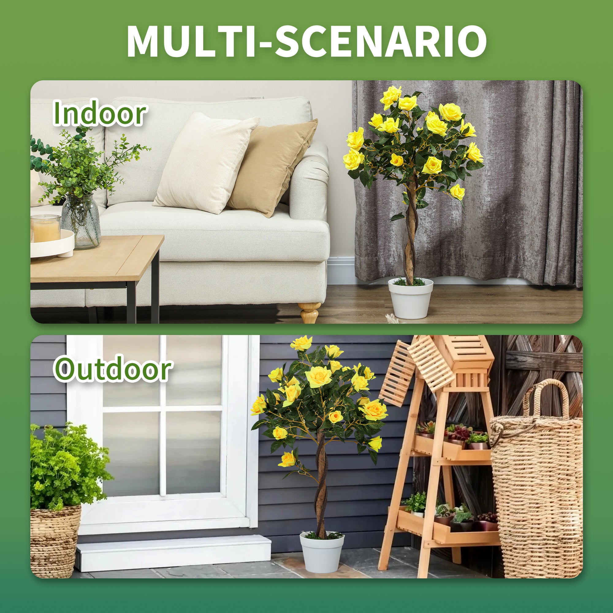 Set of 2 Artificial Plants White Rose Floral in Pot, Fake Plants for Home Indoor Outdoor Decor, 90cm, Yellow