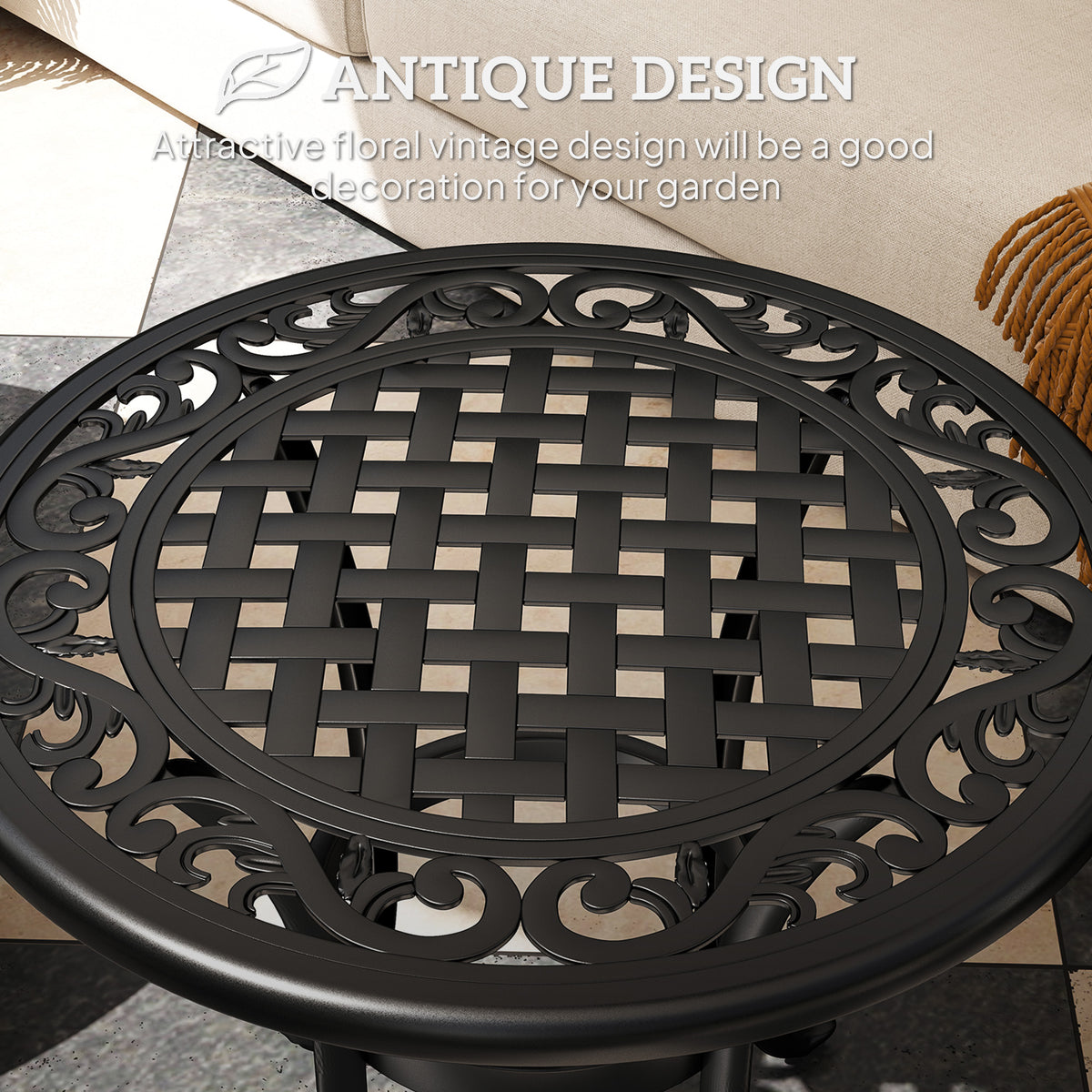 60cm Round Outdoor Garden Side Table with Hollow Top Cast Aluminium Frame - Black