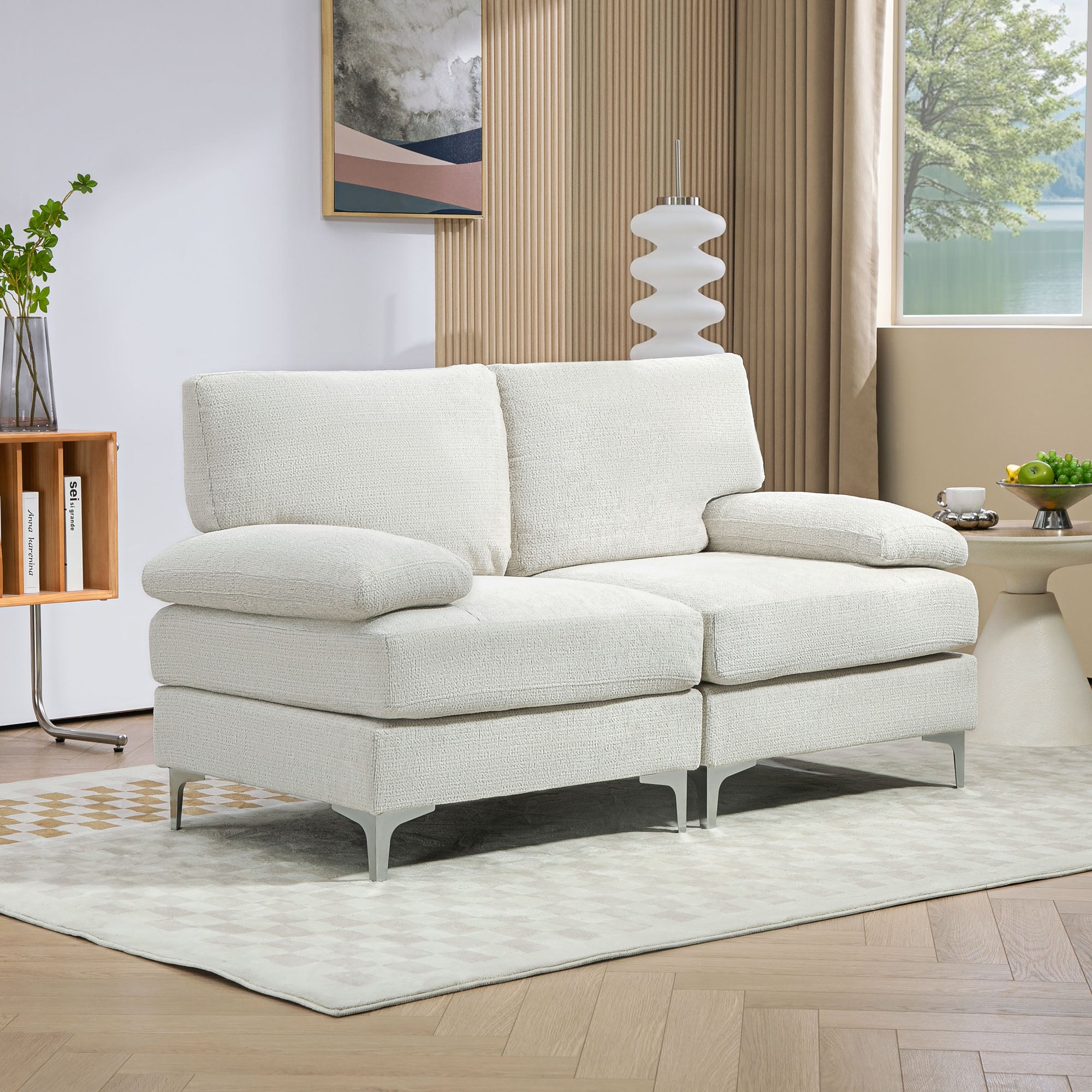 2 Seater Sofa, Modern Fabric Loveseat with Spring Cushion and Metal Legs, Small Couch for Living Room, Bedroom, Home Office, Reception, Cream White