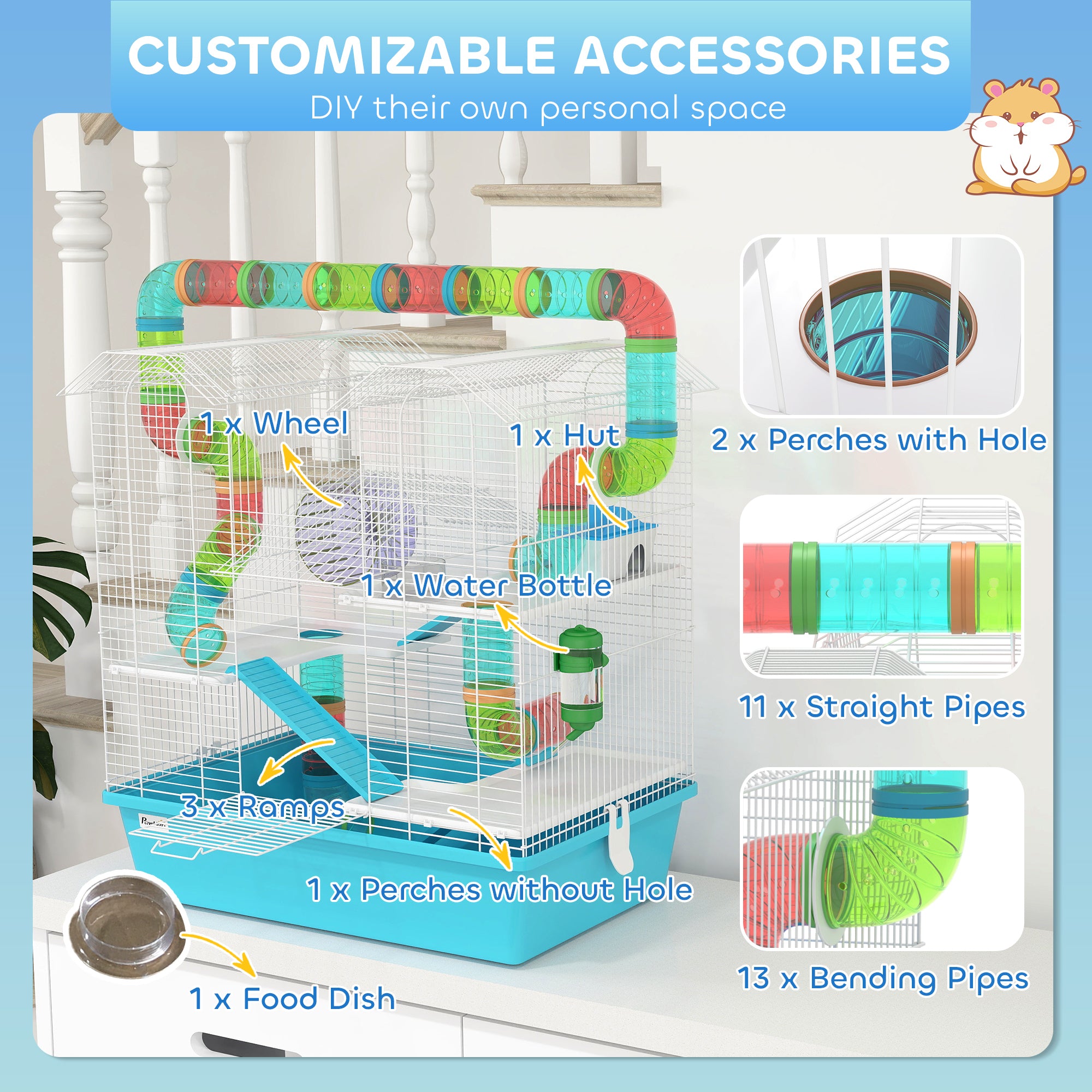 4 Tier Hamster Cage w/ Tubes, Exercise Wheel, Hut, Water Bottle, Food Dish, Ramps, for Drawf, 58 x 36 x 65cm, Light Blue