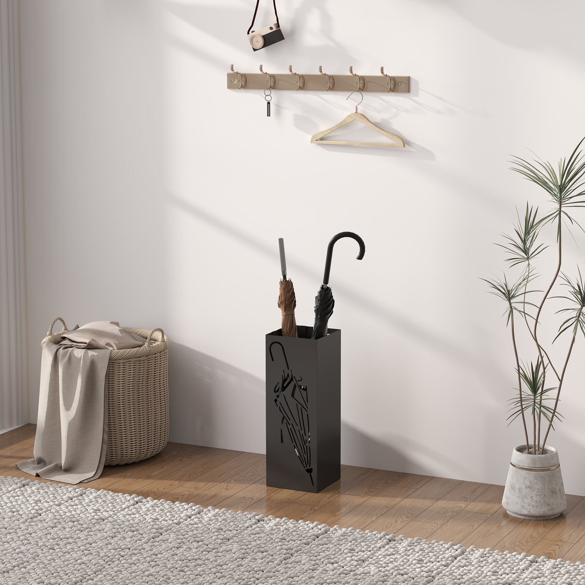 Square Metal Umbrella Stand with 4 Hooks and Removable Drip Tray 15.5x15.5x41 cm - Black