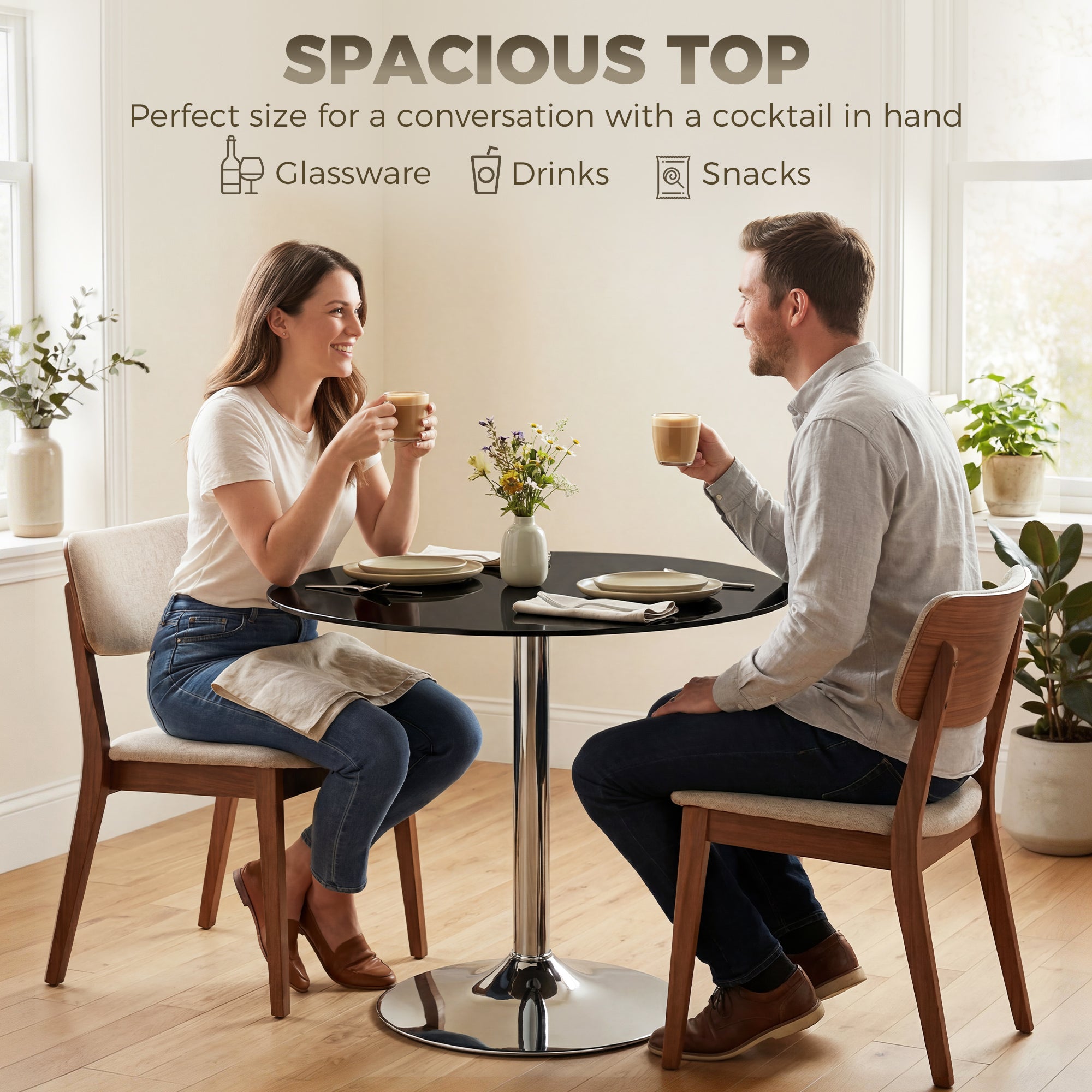 Round Bar Table, Modern Dining Table with Tempered Glass Top and Steel Frame for 4, 70 x 70 x 75.5cm, Black