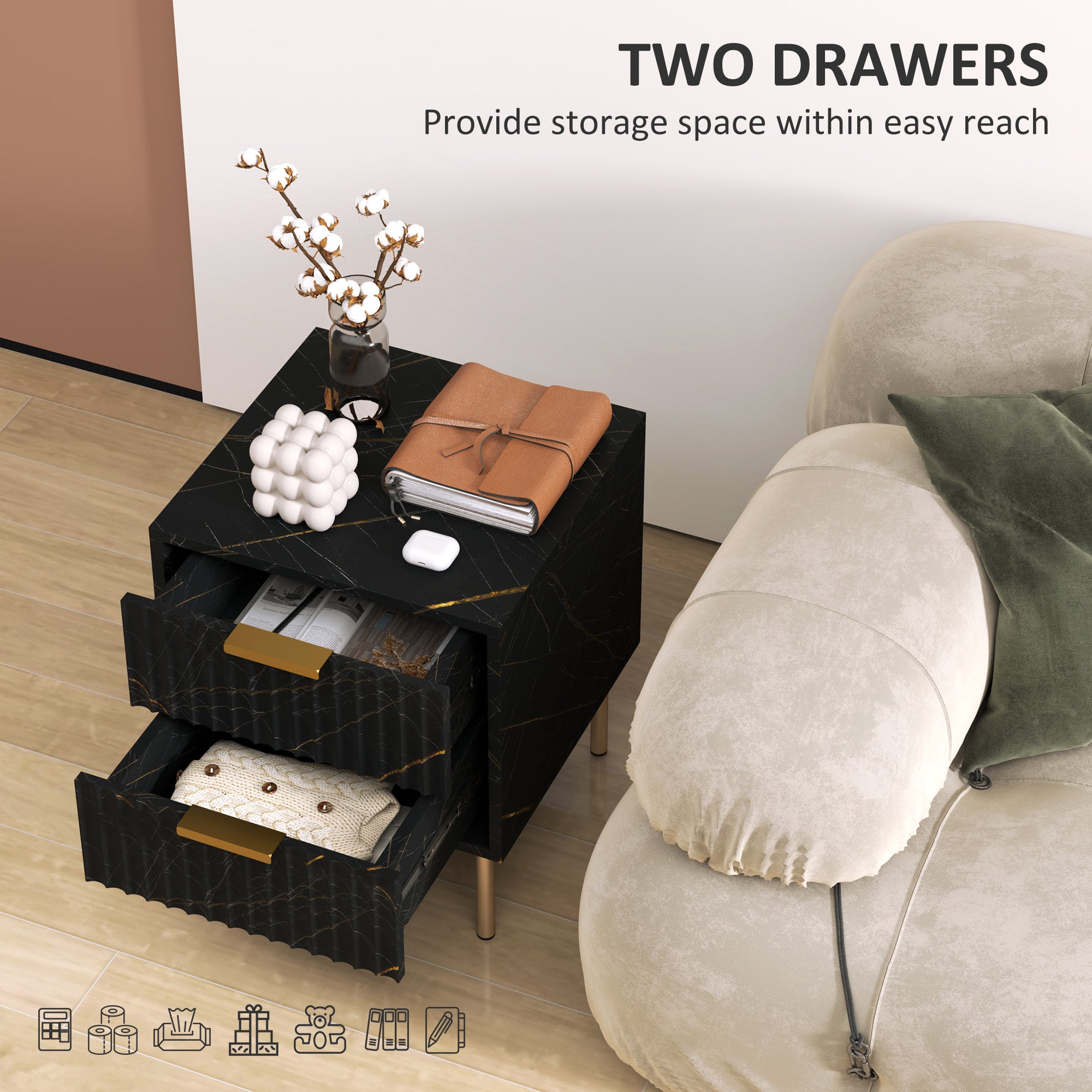 Elegant Two-Drawer Bedside Table - Black