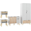 Complete Bedroom Furniture Set with Wardrobe, Side Cabinet & Nightstands - Nature Wood Finish and White
