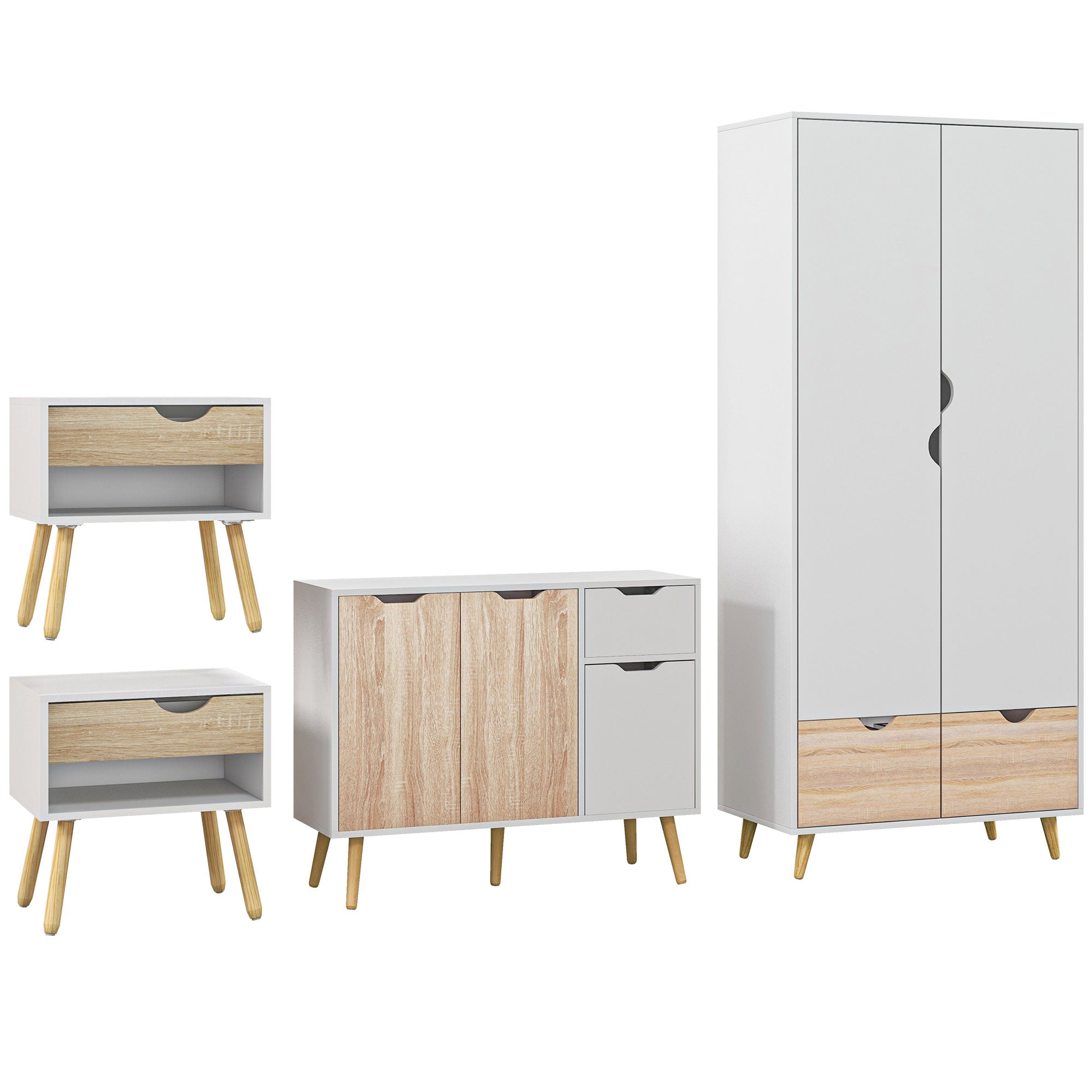 Bedroom Furniture Set, Wardrobe with Hanging Rod, Side Cabinet with wood legs , Bedside Table with Drawer, Nature Wood Finish and White