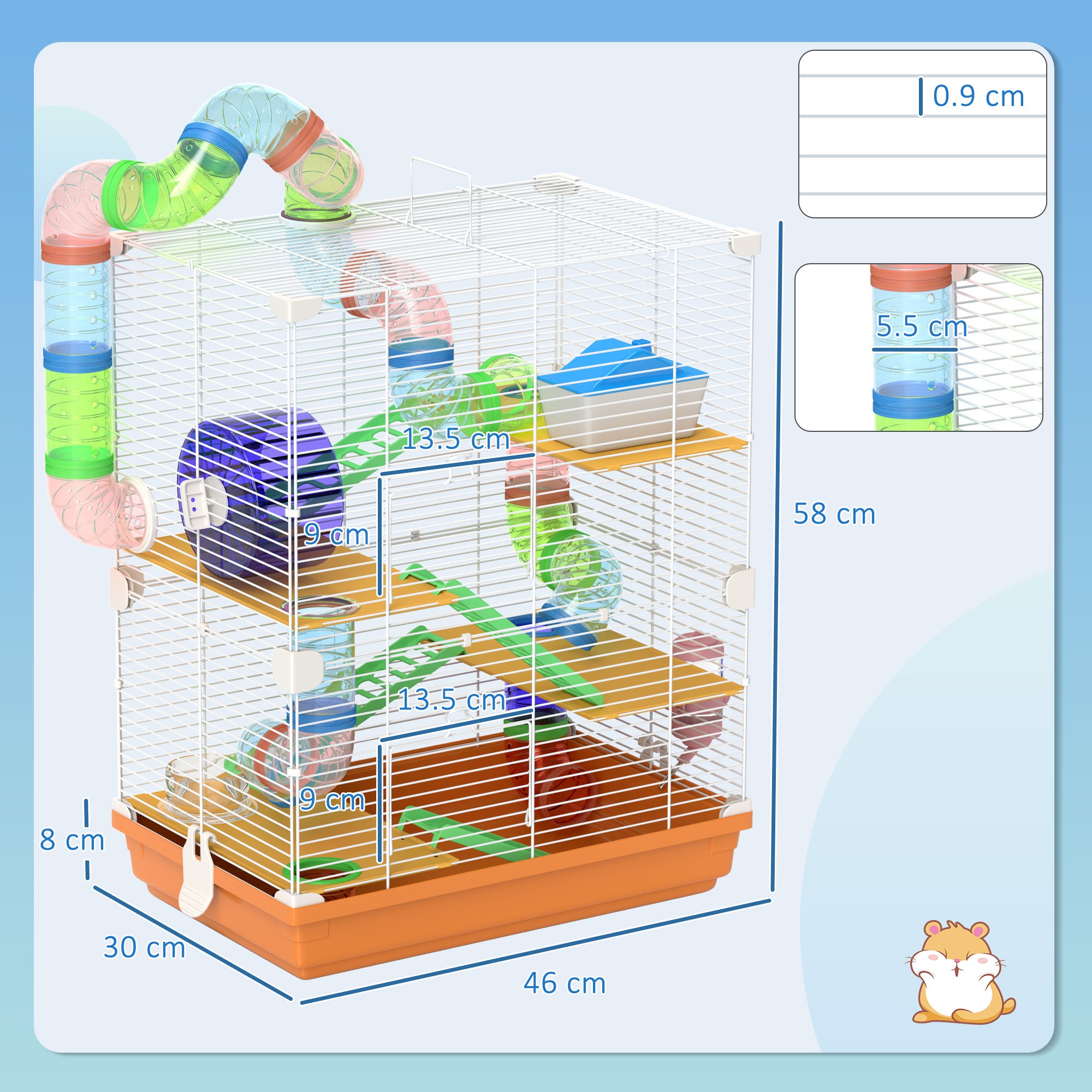 5 Tier Hamster Cage Carrier Habitat w/ Exercise Wheels, Tunnel, Orange