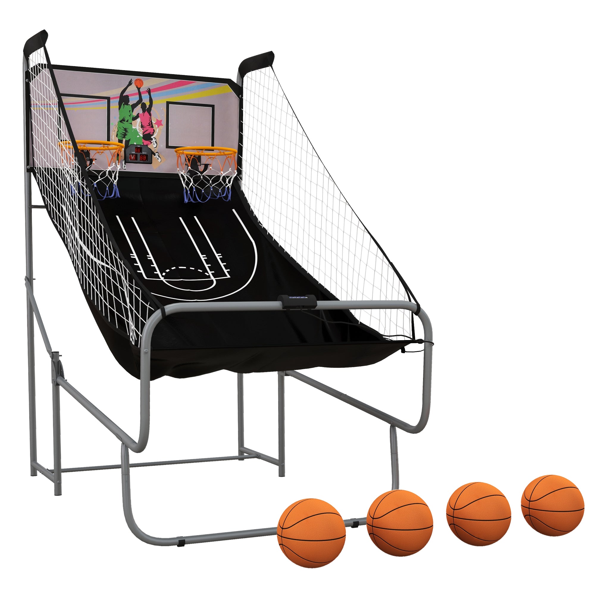 Foldable Double-Hoop Basketball Arcade Game, with Eight Modes, Four Basketballs, Electronic Scoreboard, Sound Effects