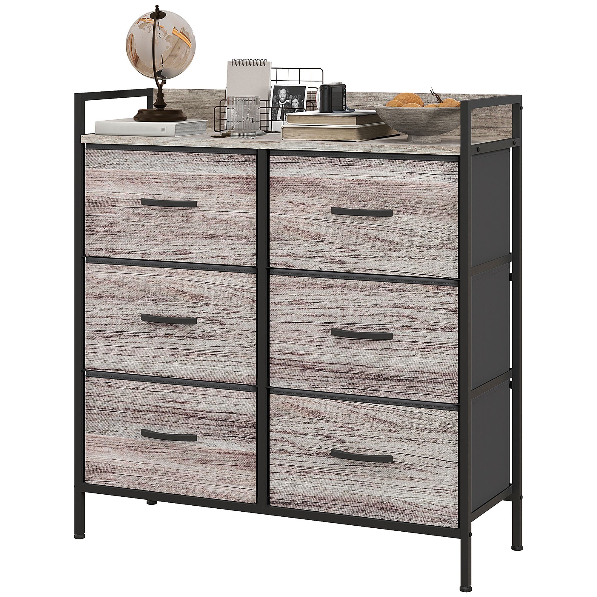 Rustic Chest of Six Fabric Drawers - Grey Wood Effect