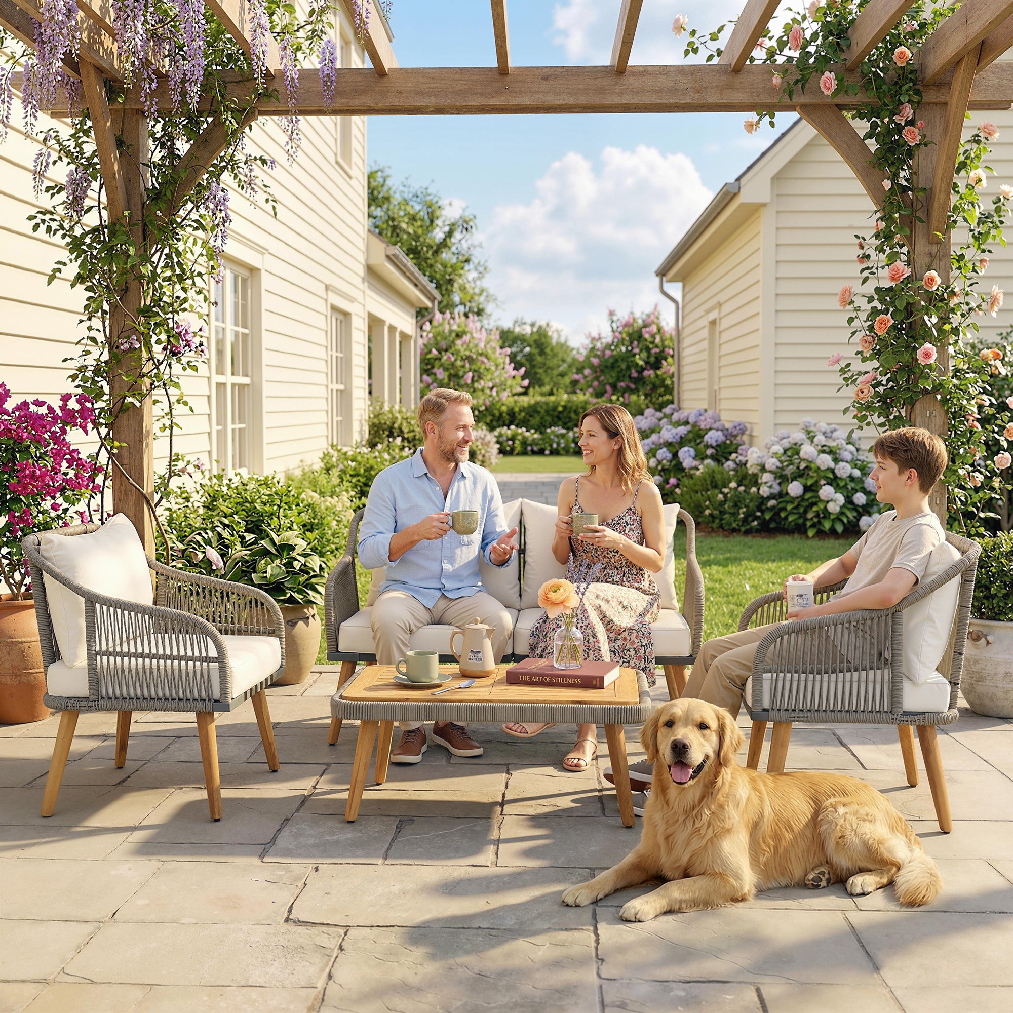 4 Piece Rattan Garden Furniture Set with Loveseat, Armchairs, Wood Table, Wicker Patio Conversation Set, Cream White