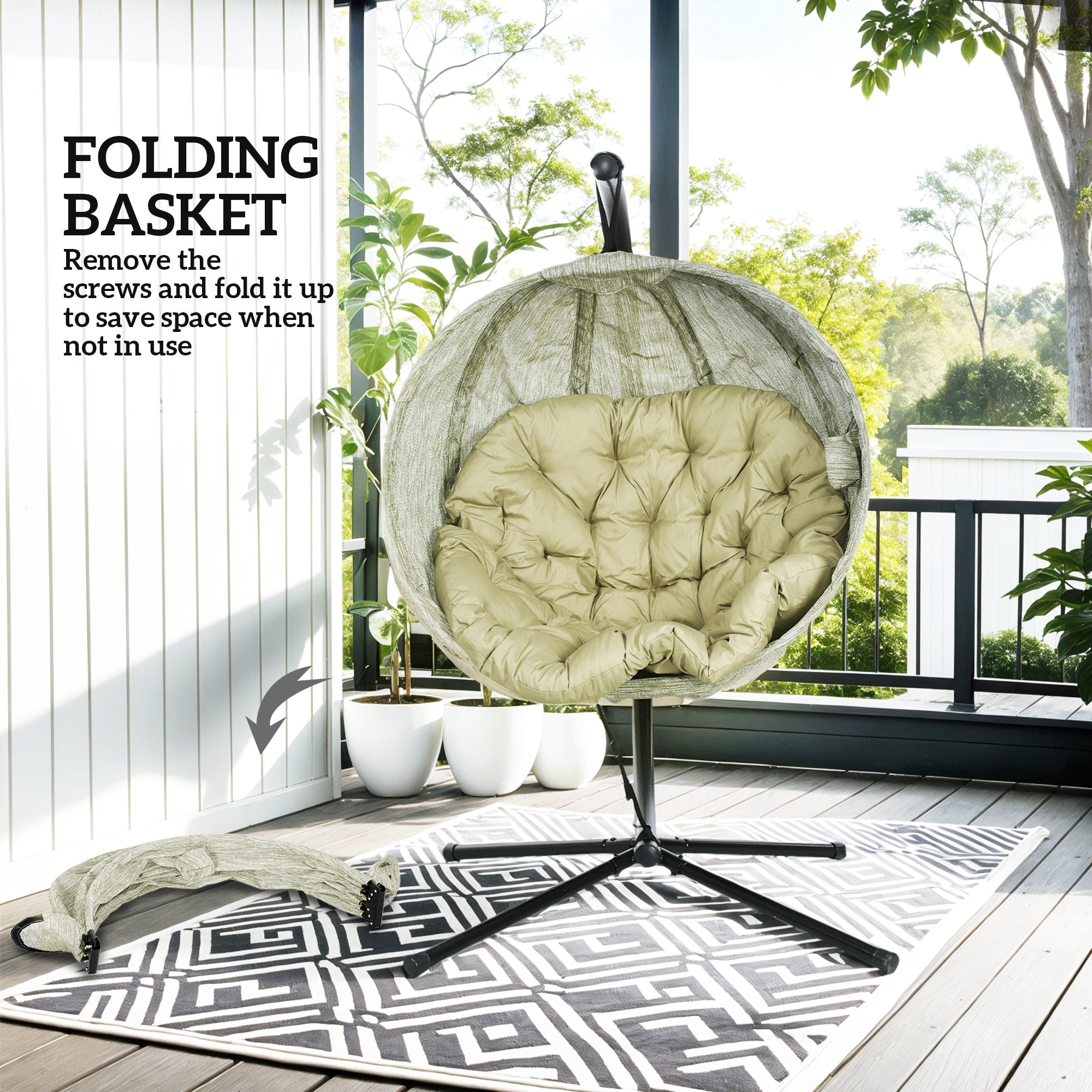 Hanging Egg Swing Chair with Stand and Thick Cushion - Khaki