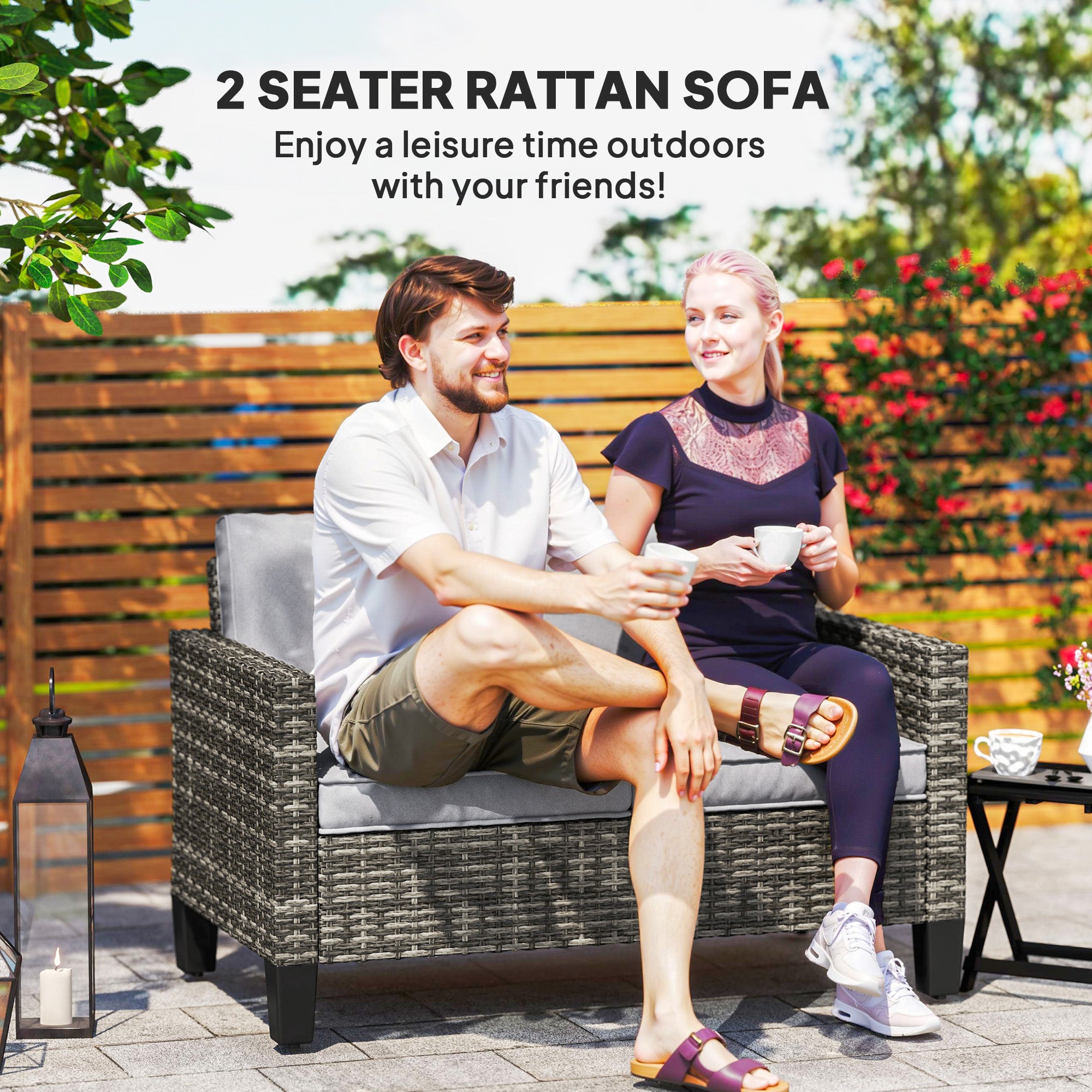 Two-Seater Rattan Outdoor Sofa - Dark Grey