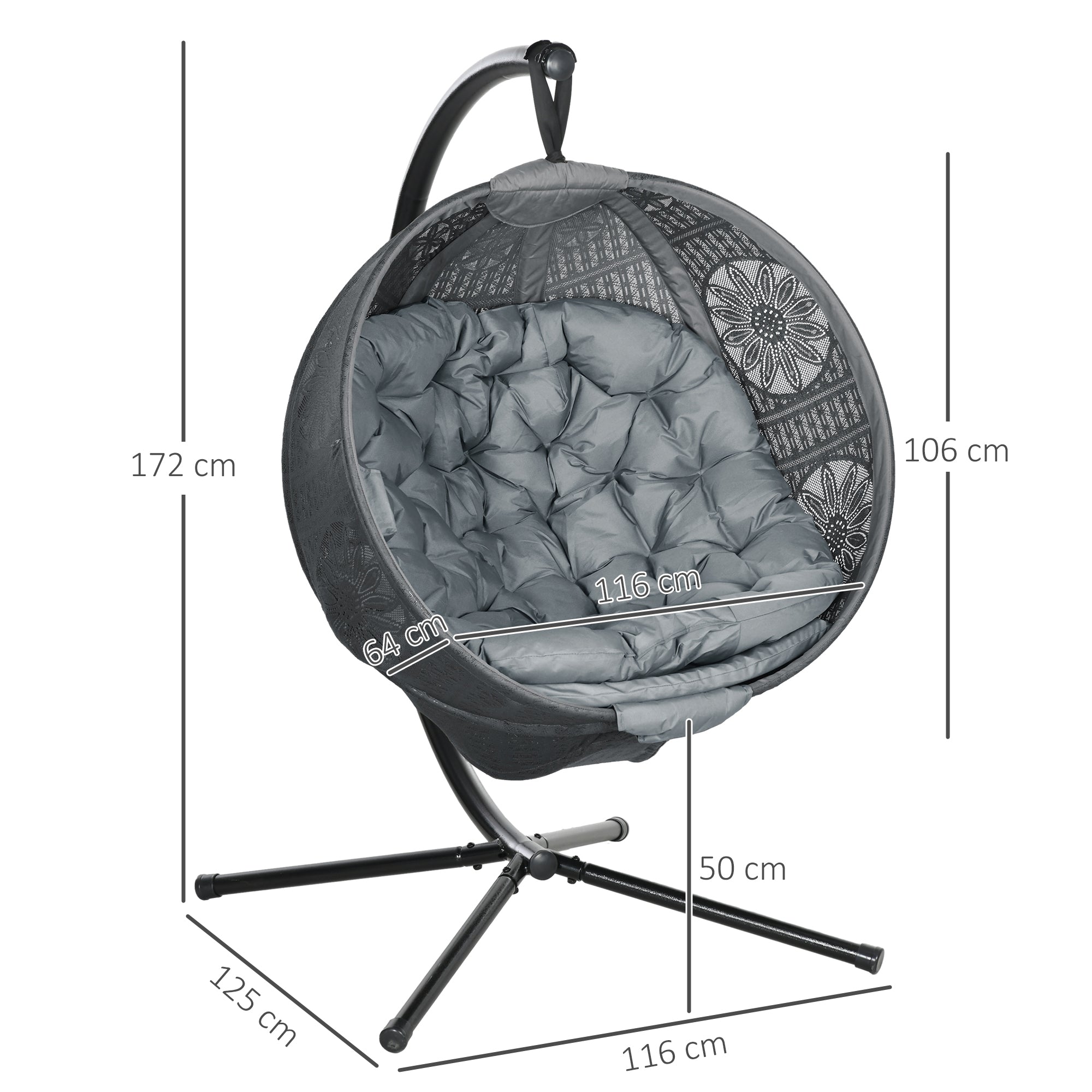 Round Egg Basket Chair with Steel Stand and Padded Cushion - Charcoal Grey