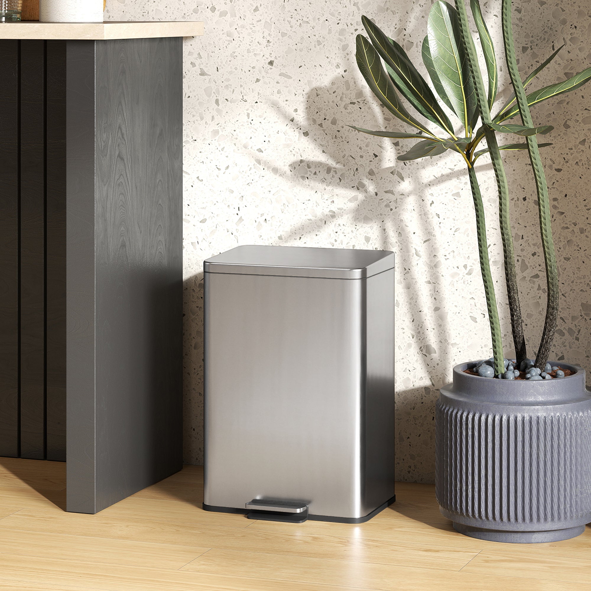 20L Kitchen Bin with Soft-Close Lid and Stay-Open Function, Stainless Steel Pedal Bin with Removable Inner Bucket for Kitchen, Office, Home, Silver Tone
