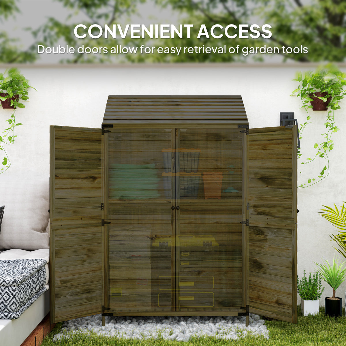 Two-Tier Wooden Garden Storage Shed with Shelves - Green
