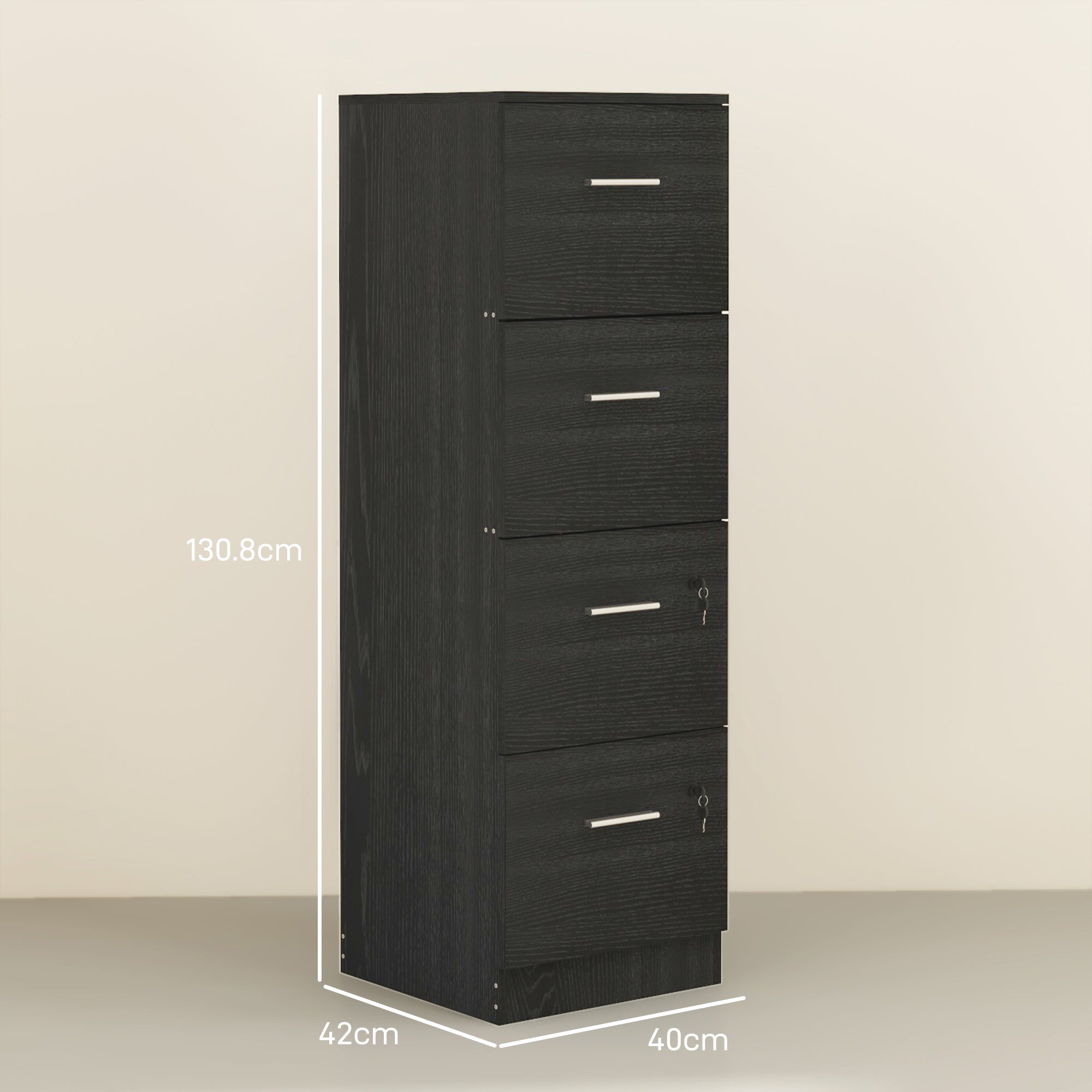 Four-Drawer Lockable Filing Cabinet - Black Wood Effect