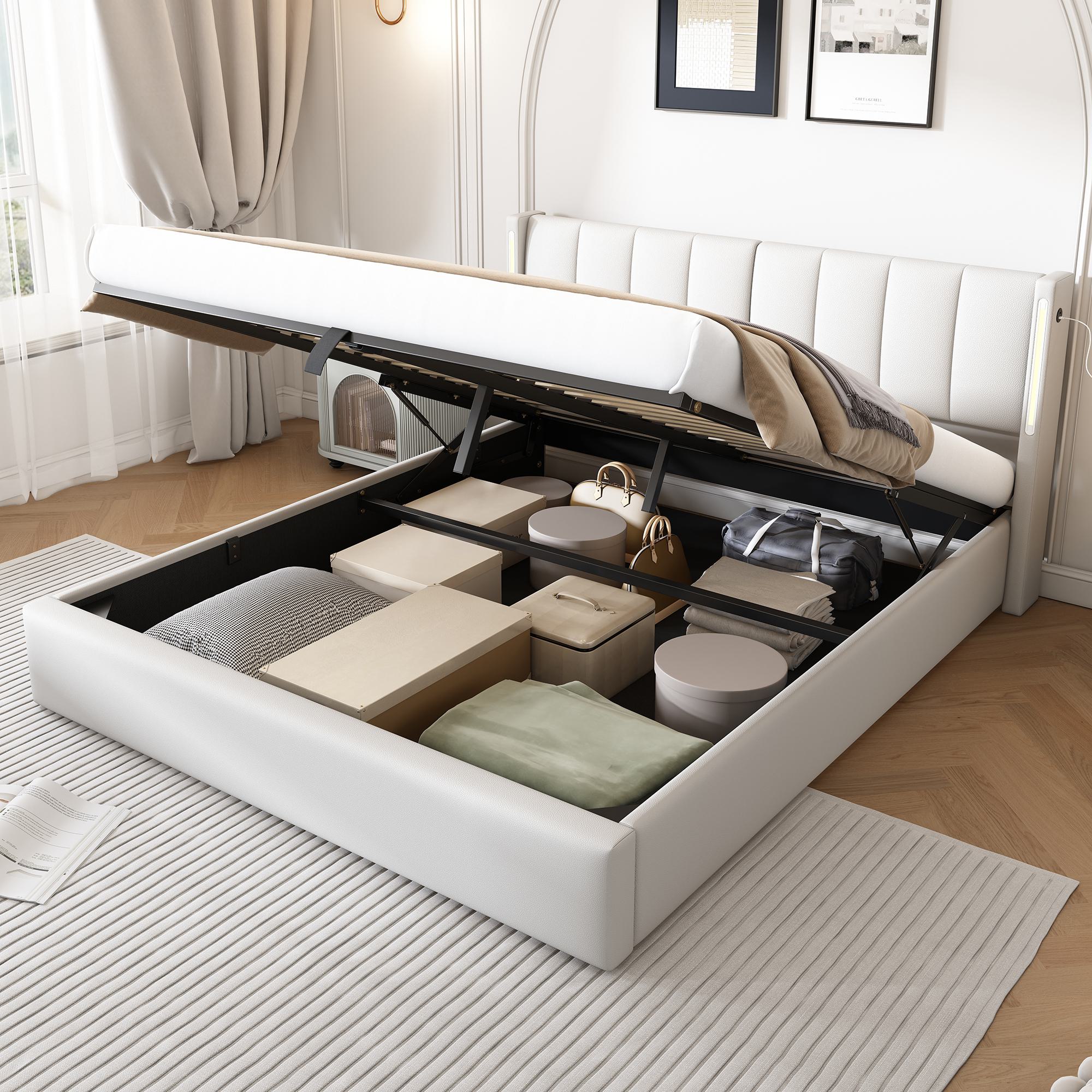 King Size LED Upholstered Bed with Hydraulic Storage & USB Port - White