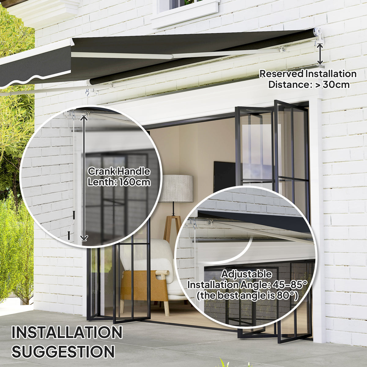 2 x 2.5m Garden Retractable Awning with Aluminium Frame - Black
