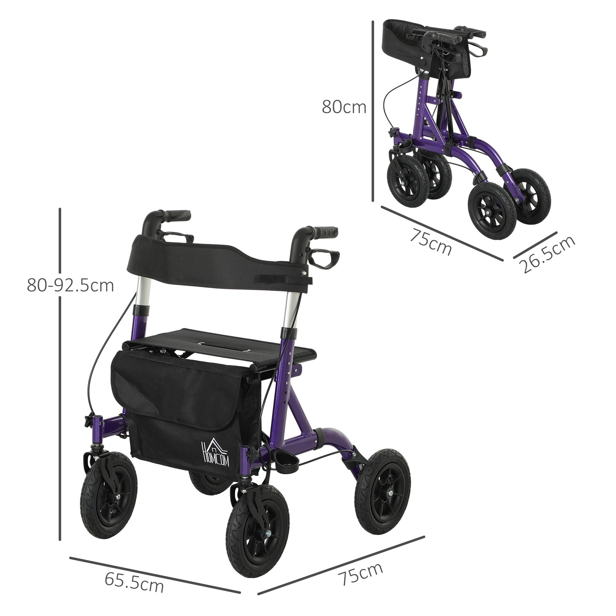 Folding Rollator Walker with Seat, Backrest, Lightweight Walking Frame with Storage Bag, Dual Brakes, All-terrain Wheels, Adjustable Handle Height, 4 Wheeled Walker for Seniors, Purple
