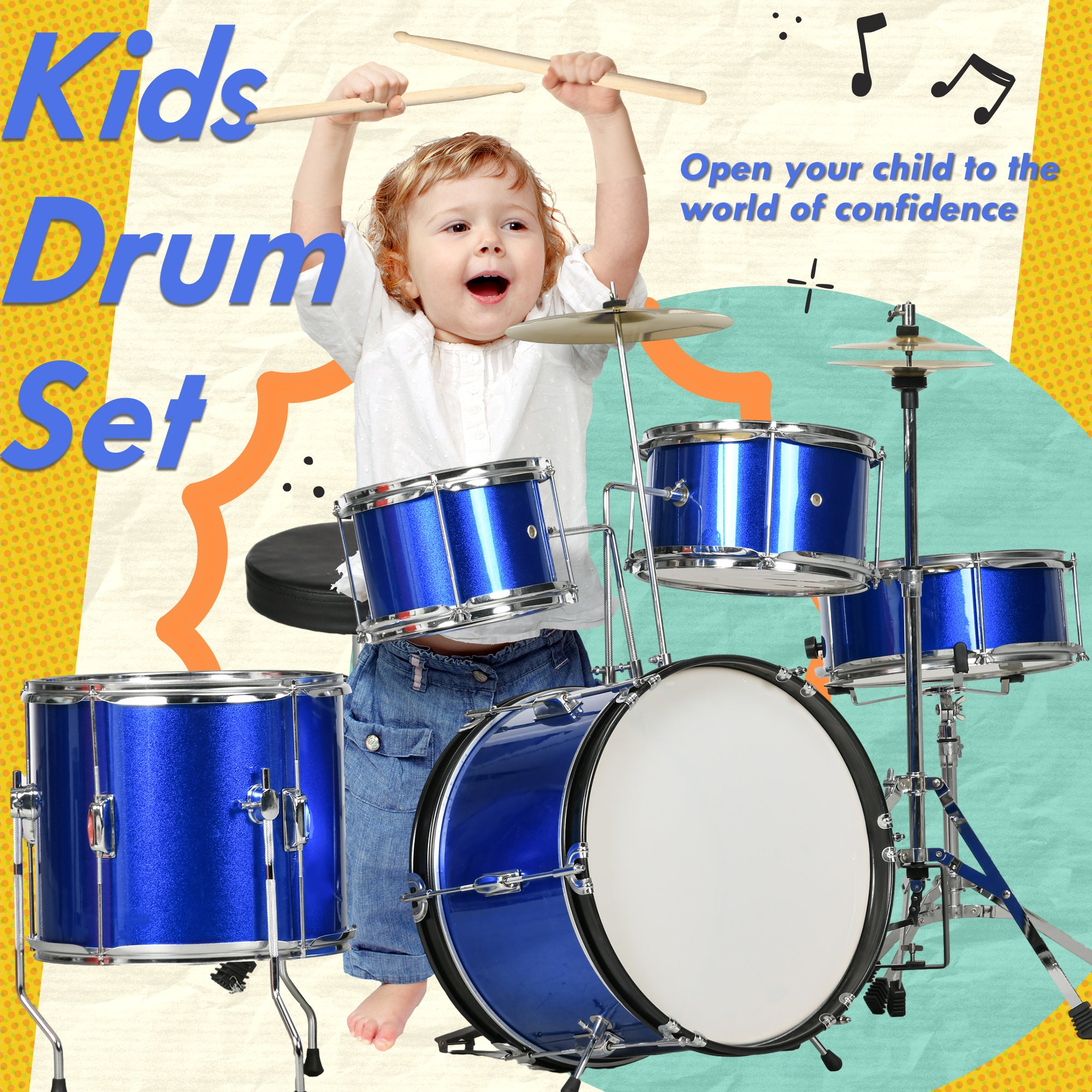 11-Piece Kids Drum Kits w/ Stool, Drumsticks, Pedal, Cymbals, for 3-6 Years, Blue