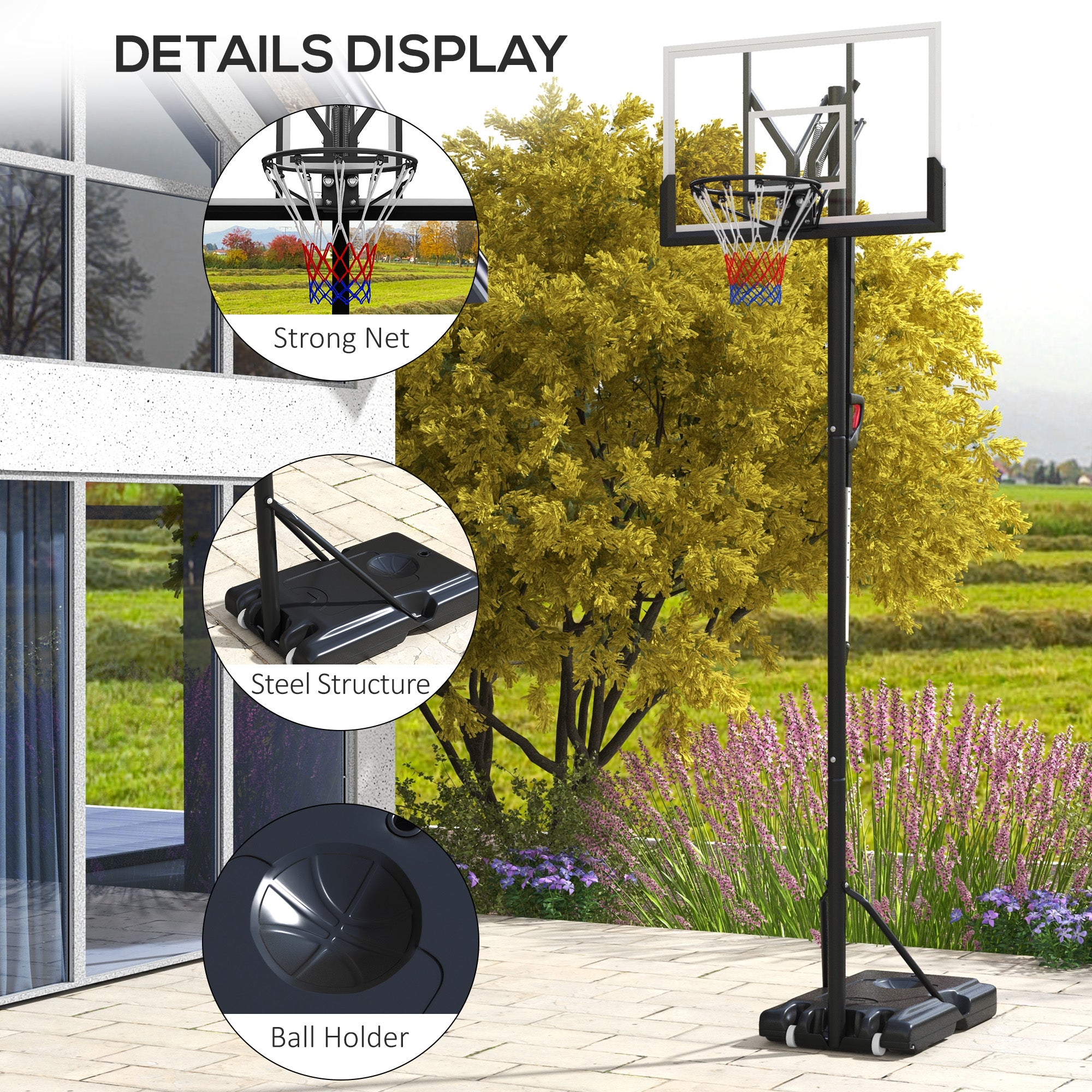 Six-Level Height Adjustable Freestanding Basketball Hoop and Stand with Wheels, 2.35-3.05m